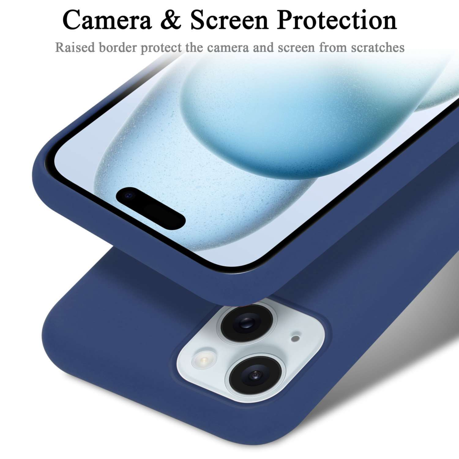 Eine blaue Handyhülle mit einem Telefon darin. Die Hülle hat einen erhöhten Rand zum Schutz von Kamera und Bildschirm.