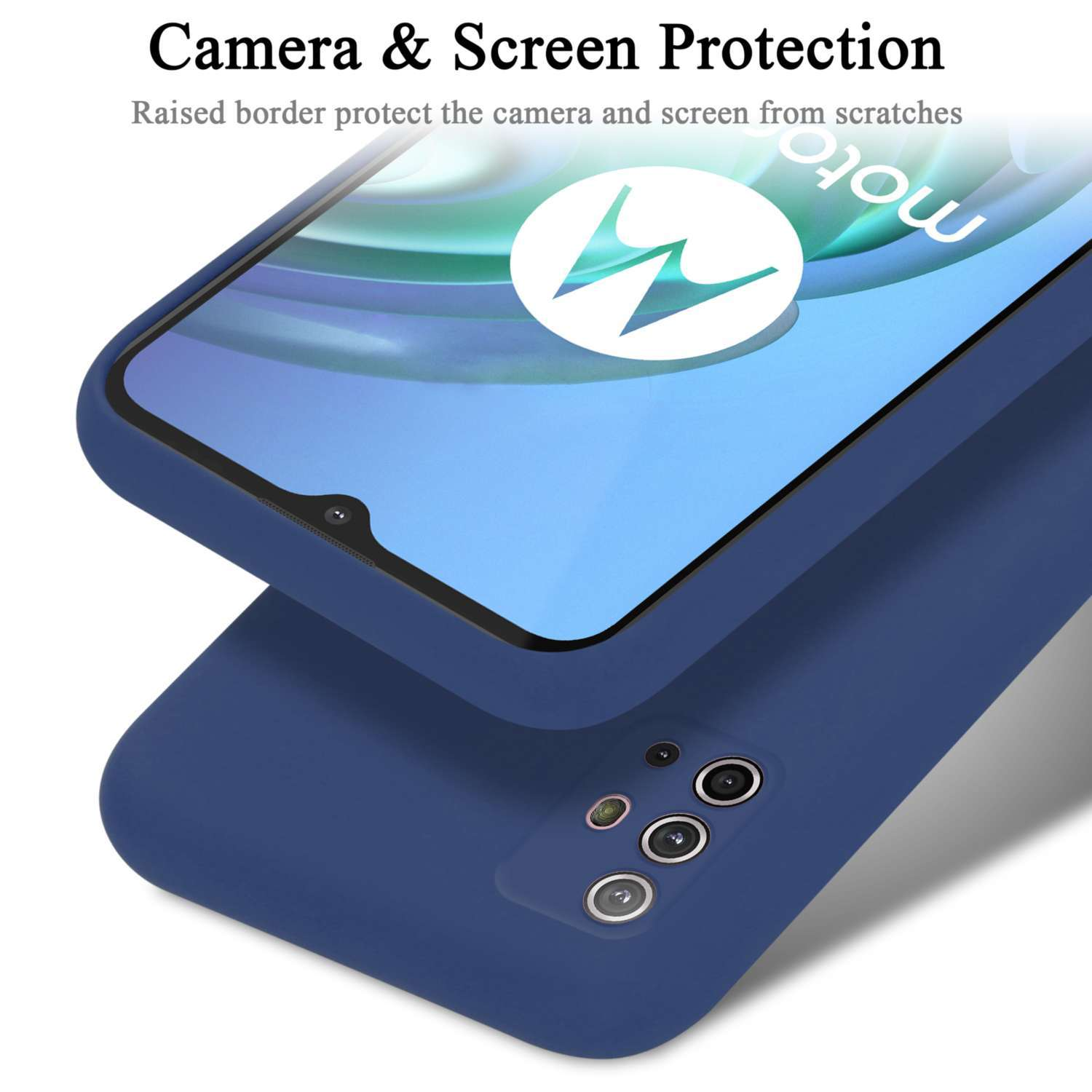 Custodia blu su un telefono con protezione schermo.