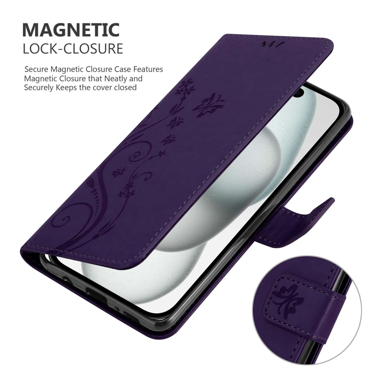 Custodia del telefono viola aperta, che mostra il telefono. Design floreale. Sfondo bianco.