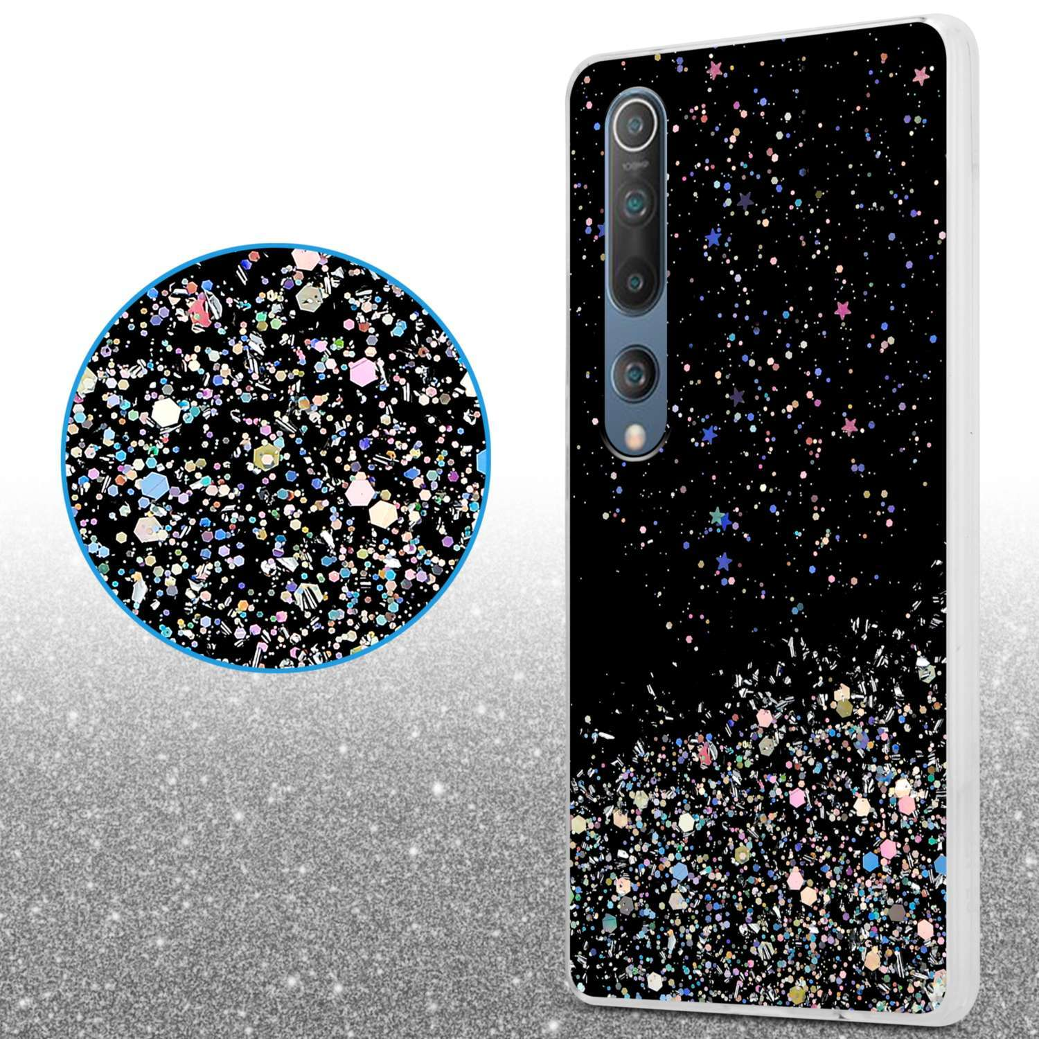 Custodia per telefono con design glitterato colorato. Viene mostrato un primo piano del design.