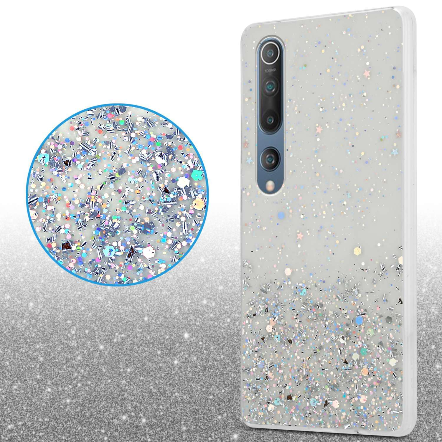 Custodia per telefono con effetto glitter. Una custodia del telefono a destra e un primo piano a sinistra.