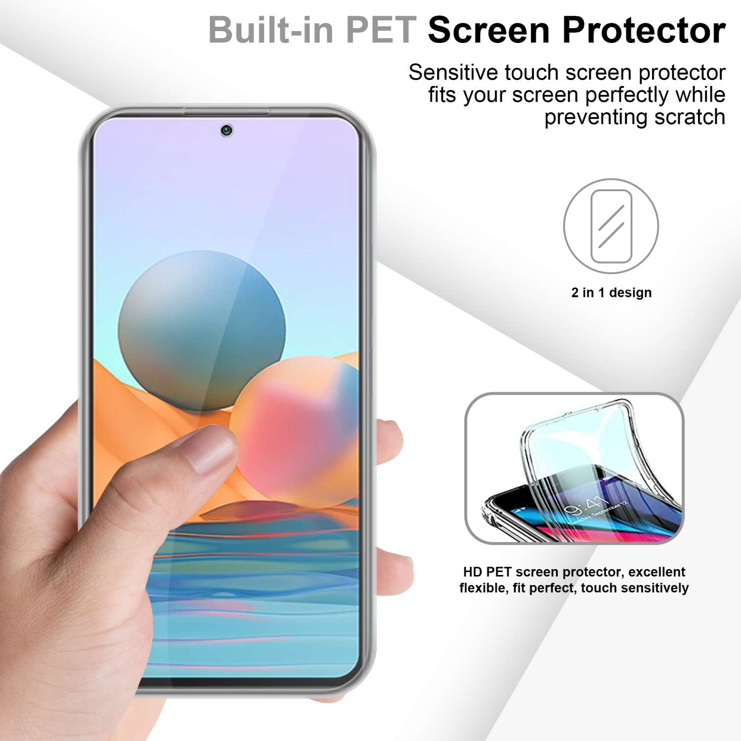 Mano sosteniendo teléfono en funda. La funda es transparente, mostrando la pantalla. Info sobre protector.