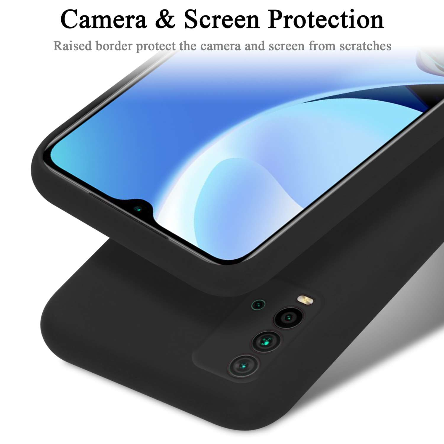 Custodia per telefono nera con telefono, lo schermo del telefono è nero. La custodia copre la fotocamera, primo piano.