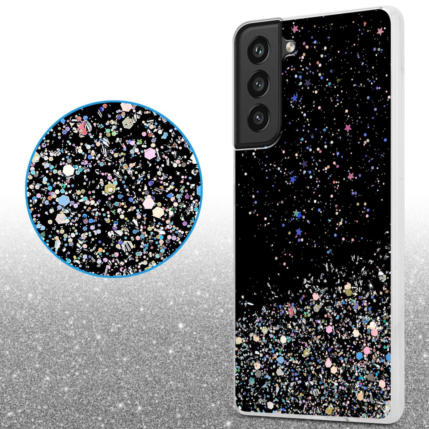 Schwarze Handyhülle mit Glitzer. Es hat einen schwarzen Hintergrund mit bunten Glitzerpartikeln.