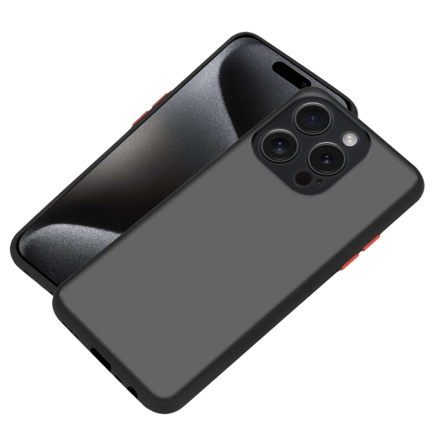 Custodia per telefono nera con telefono all'interno. Il telefono ha tre fotocamere e un accento rosso.