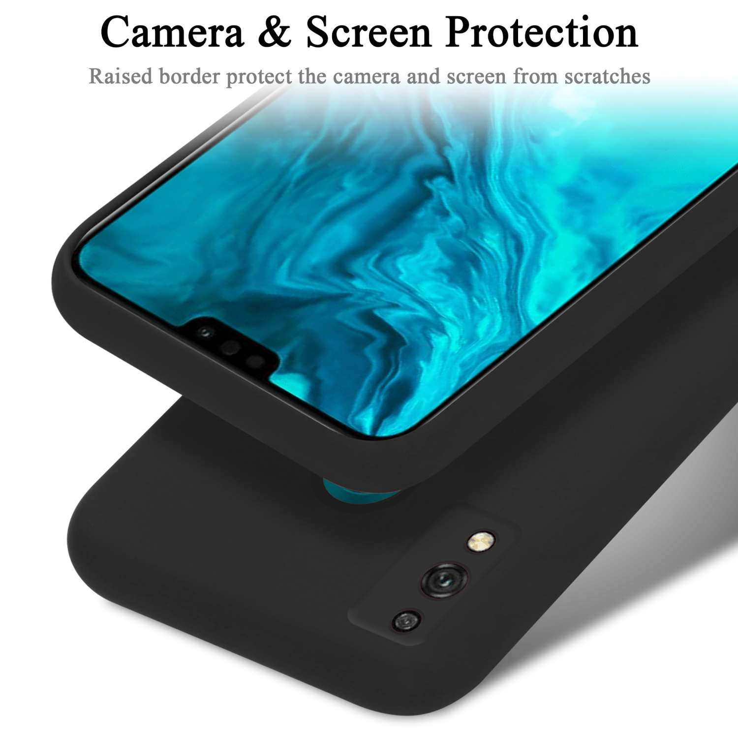 Eine schwarze Handyhülle auf einem Telefon. Text sagt 'Kamera & Displayschutz'. Zeigt einen erhöhten Rand, der schützt.