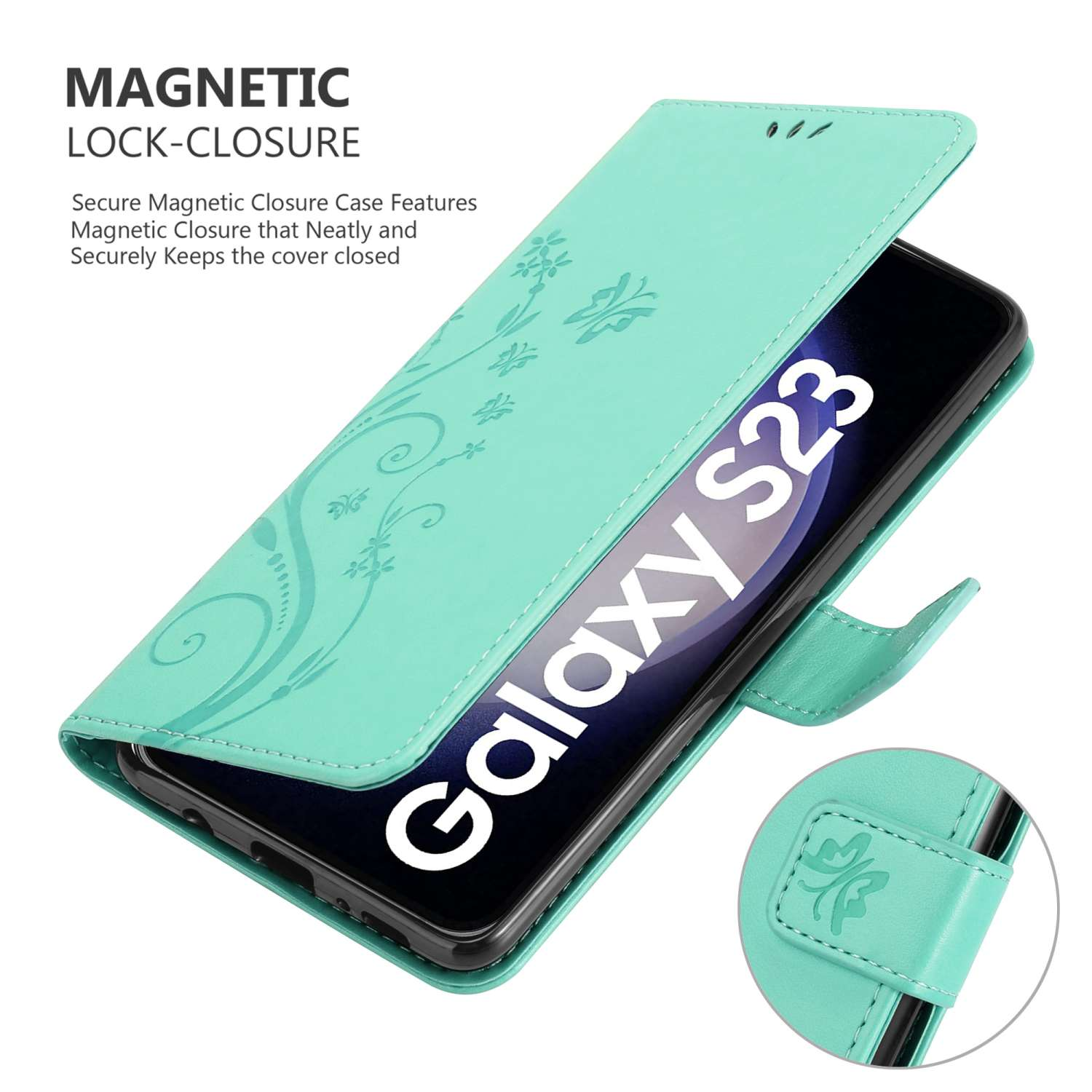 Una custodia per telefono con un design floreale. È verde menta e aperta per mostrare lo schermo del telefono.