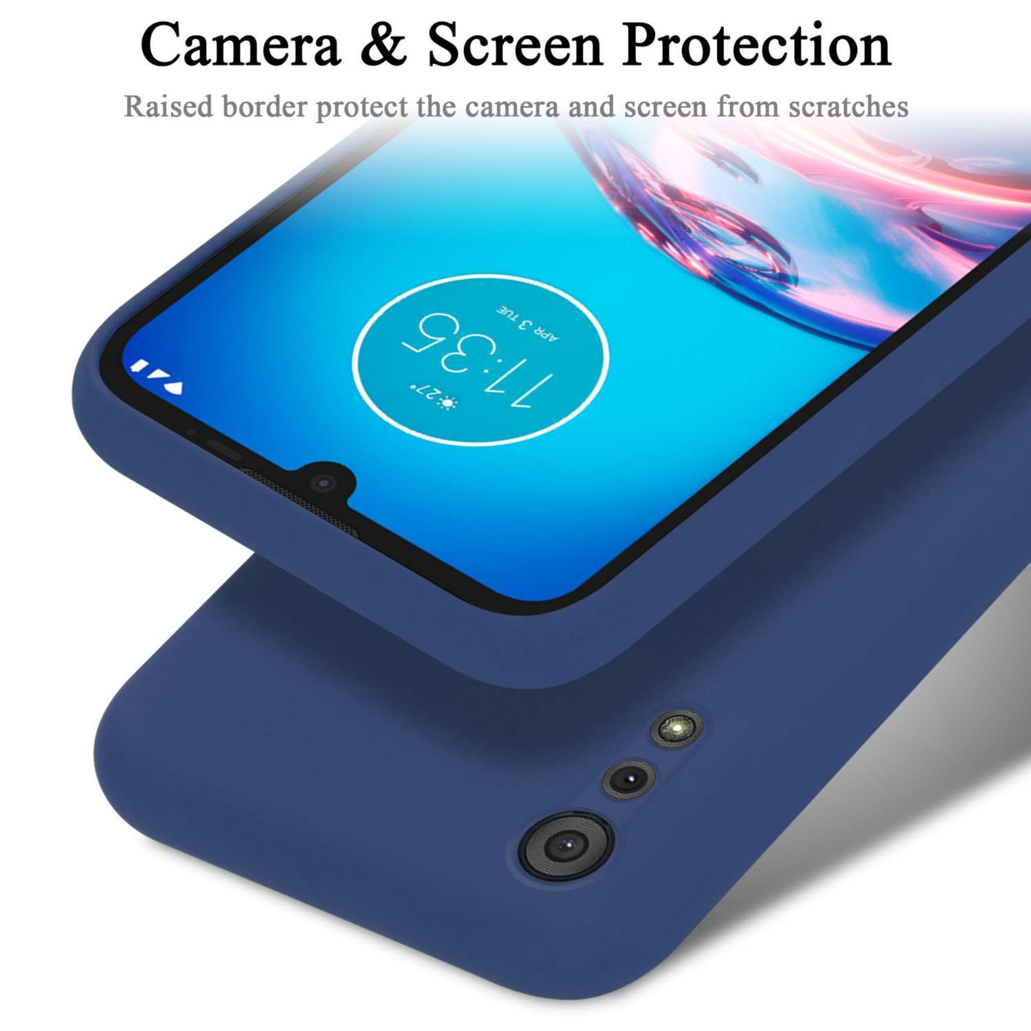 Custodia blu per telefono con un telefono all'interno. La custodia protegge la fotocamera e lo schermo del telefono.