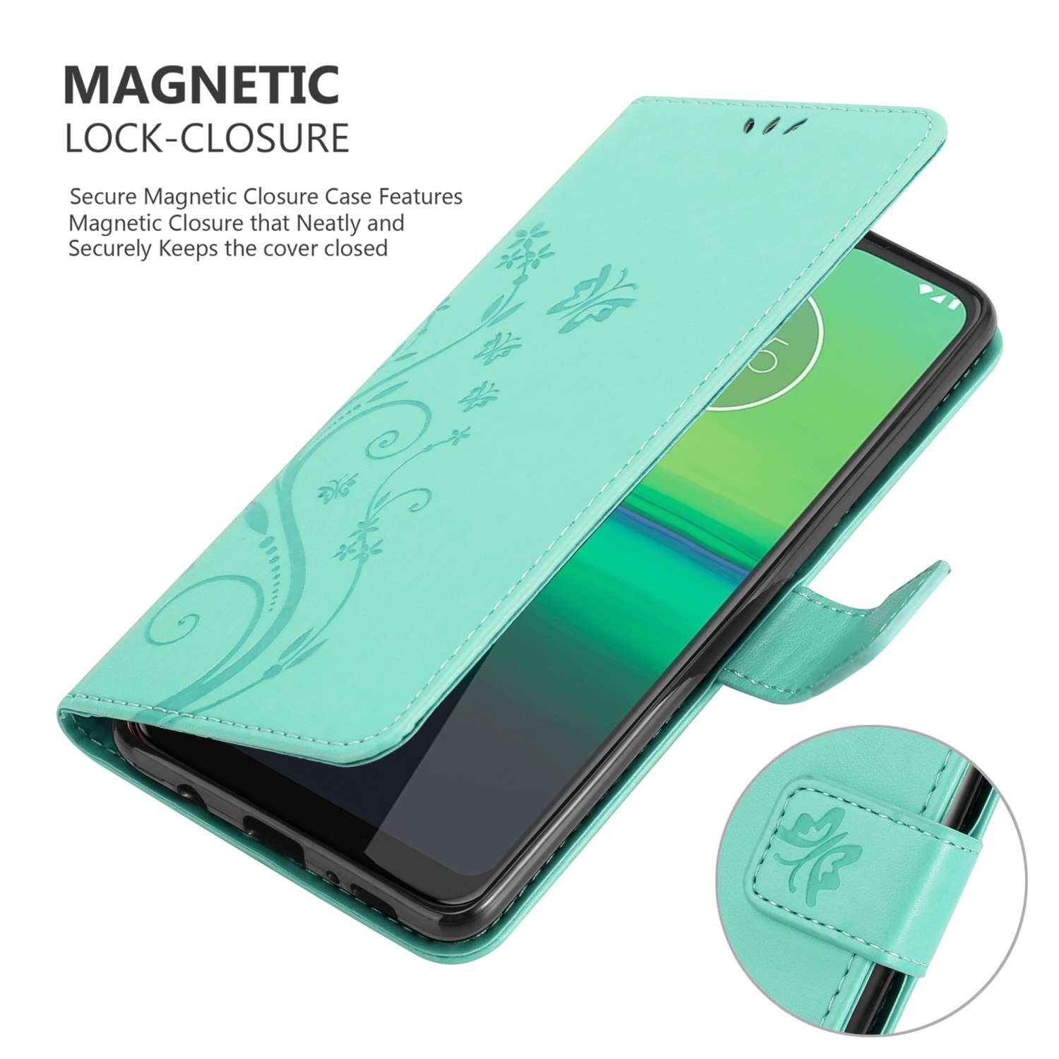 Una custodia per telefono verde acqua, aperta, che rivela un telefono. Il design ha un motivo floreale.