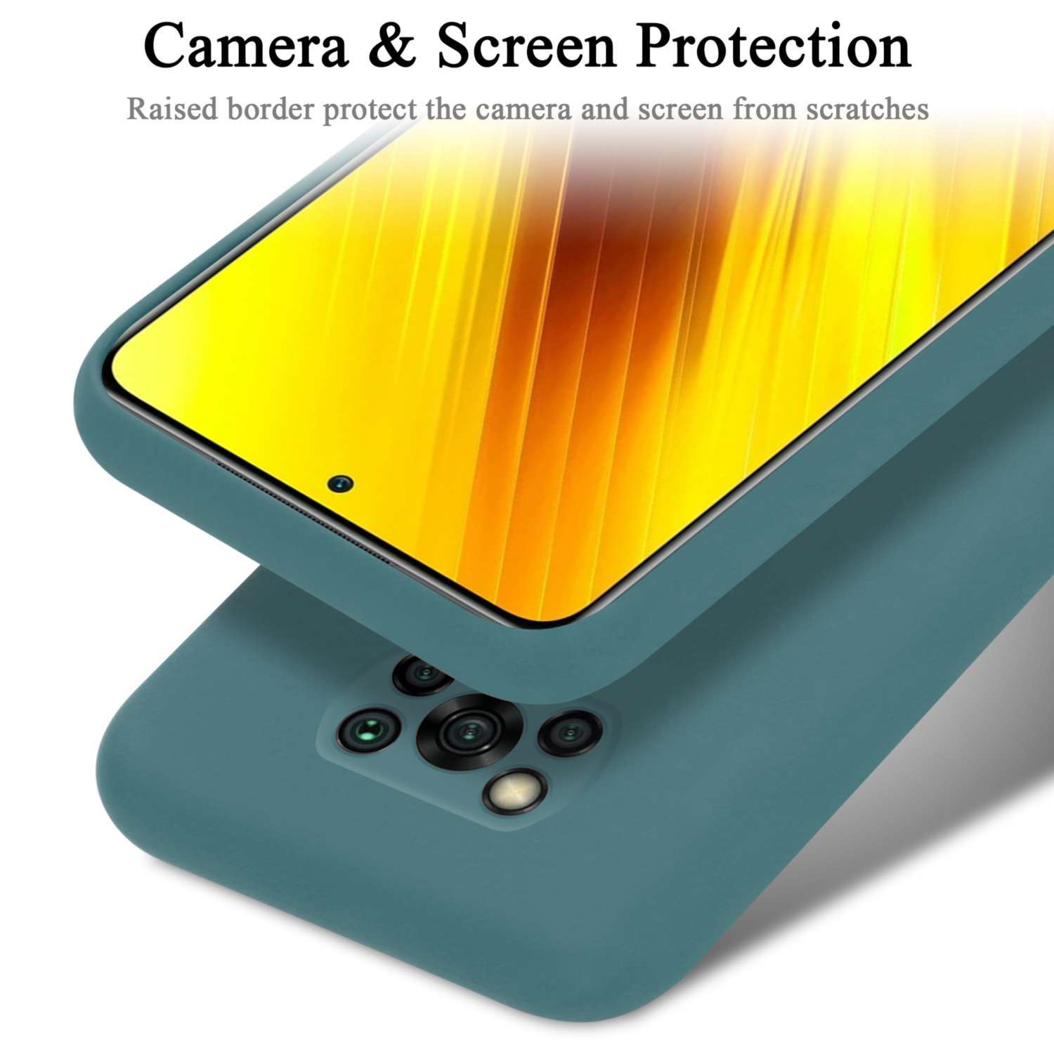 Telefon in teal Hülle, Kamera sichtbar. Gelber Displayschutz oben. Text: Camera & Screen Protection. Erhöhter Rand.