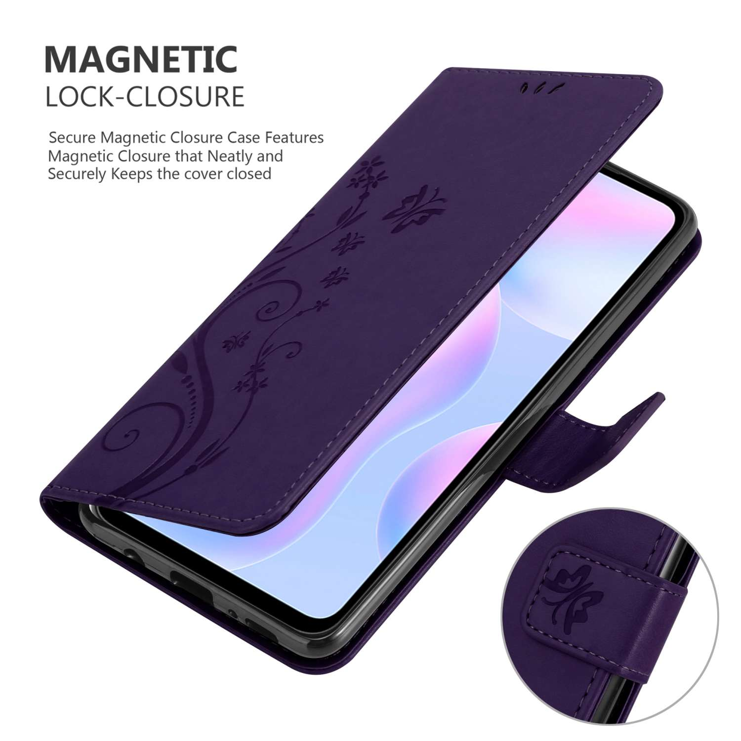Custodia per telefono viola con design floreale aperta, con un telefono all'interno.