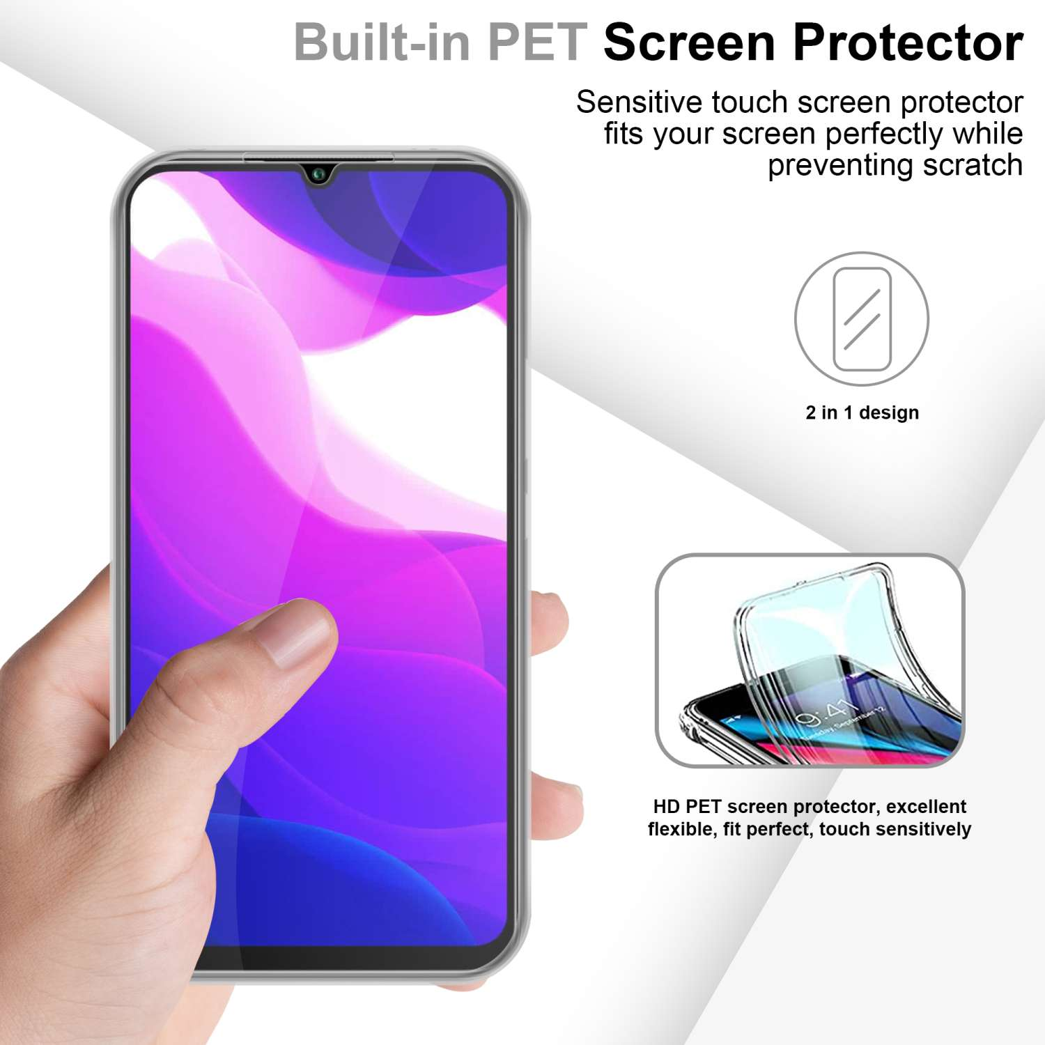 Una mano tiene un telefono con interfaccia colorata. Protezione schermo trasparente.