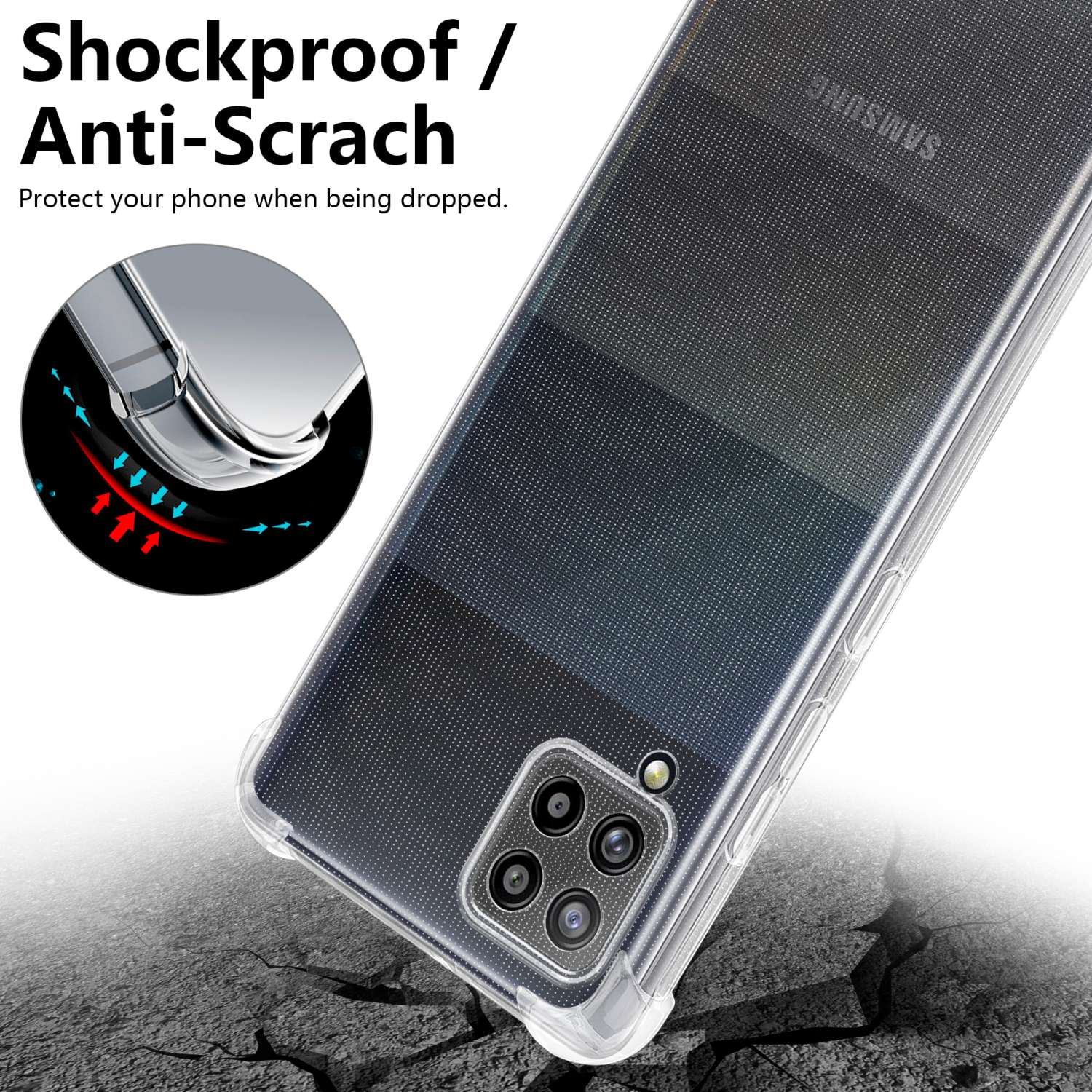 Una custodia trasparente protegge un telefono Samsung. Il testo recita: Antishock/Antigraffio.