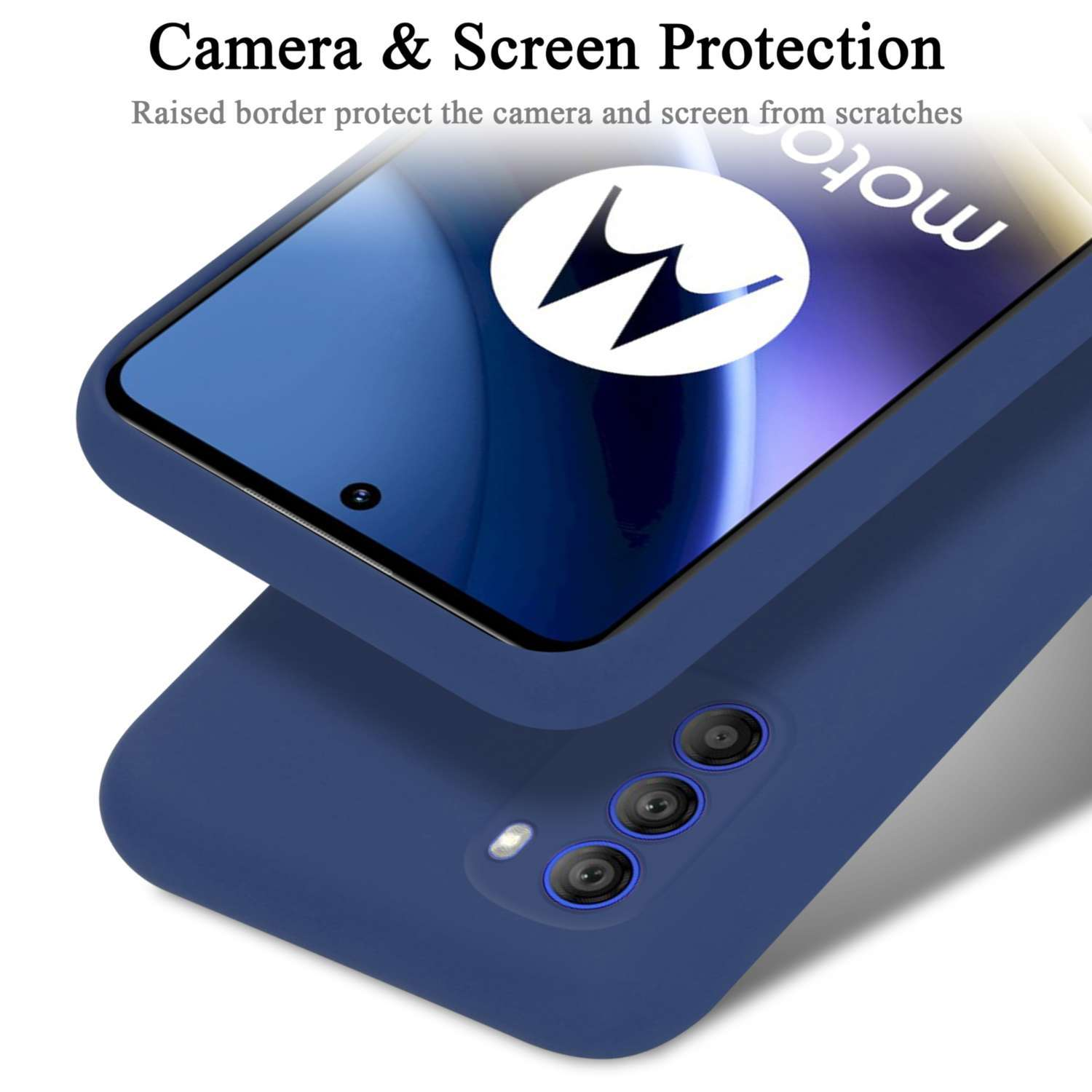 Custodia blu per telefono con un telefono. Testo: Protezione fotocamera e schermo. Schermo e fotocamera visibili.