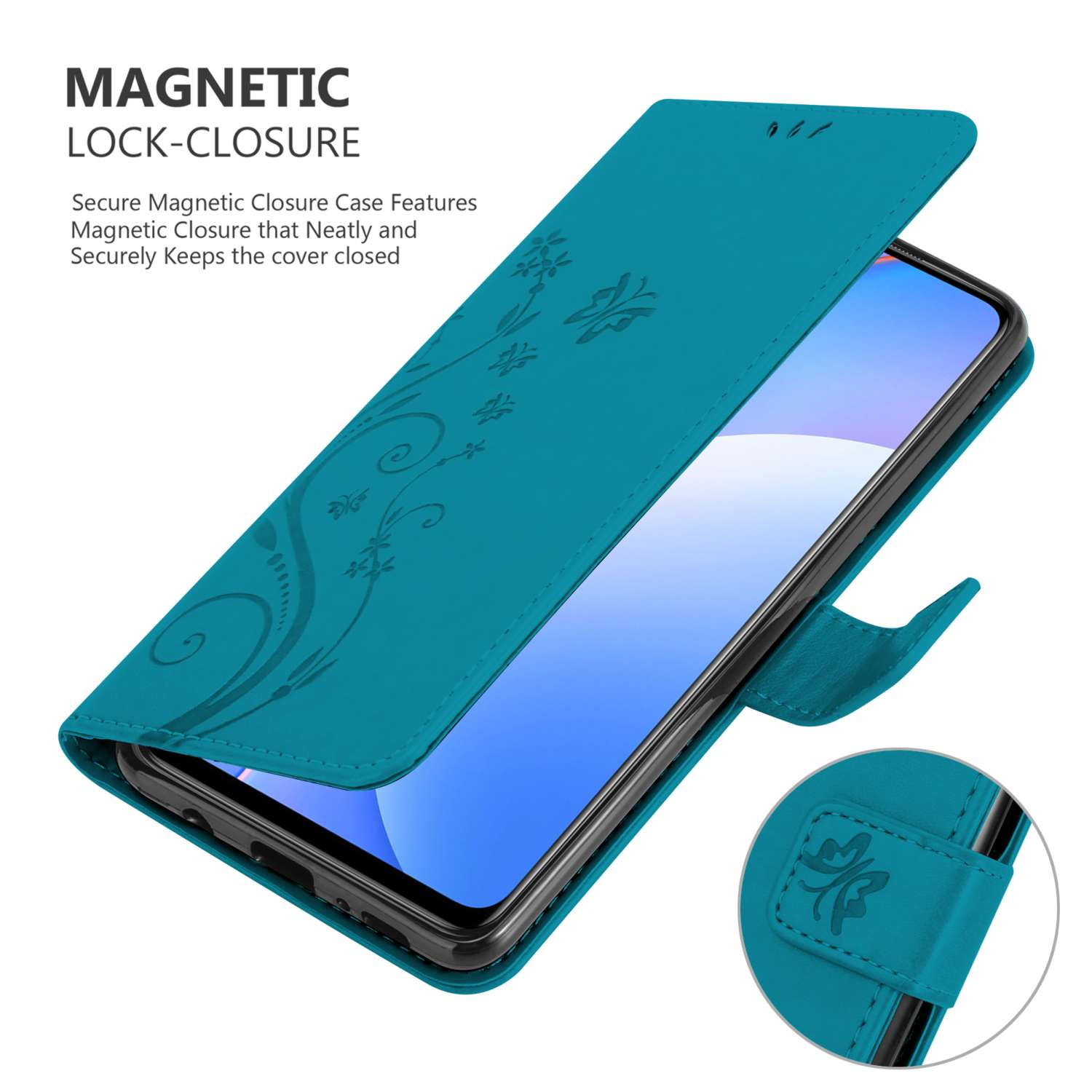Una custodia per telefono verde acqua è aperta, rivelando un telefono. Il testo recita: Chiusura magnetica. Design floreale sulla custodia.