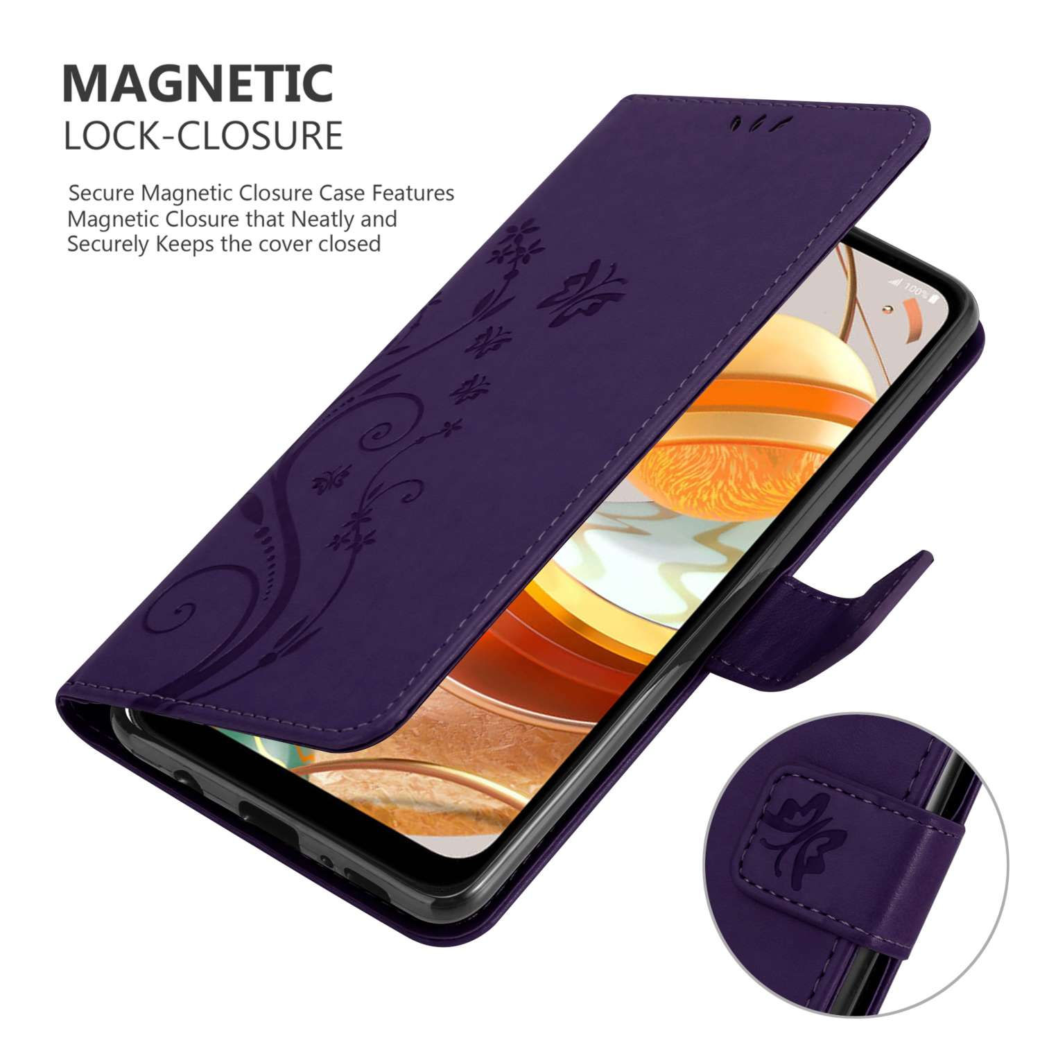 Una custodia per telefono viola con un design floreale. Ha una chiusura magnetica.