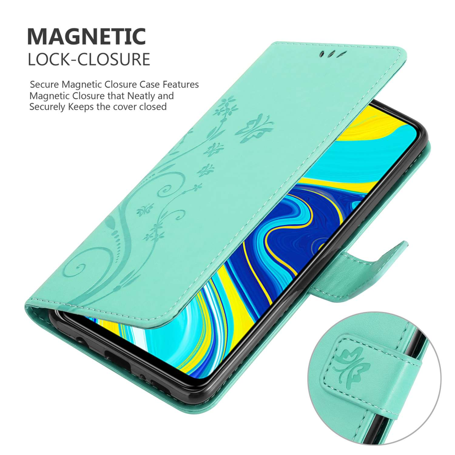 CADORABO Hülle Blumen PRO RedMi 9 Flower FLORAL Case, 9S, Xiaomi, NOTE / NOTE Muster Bookcover, TÜRKIS