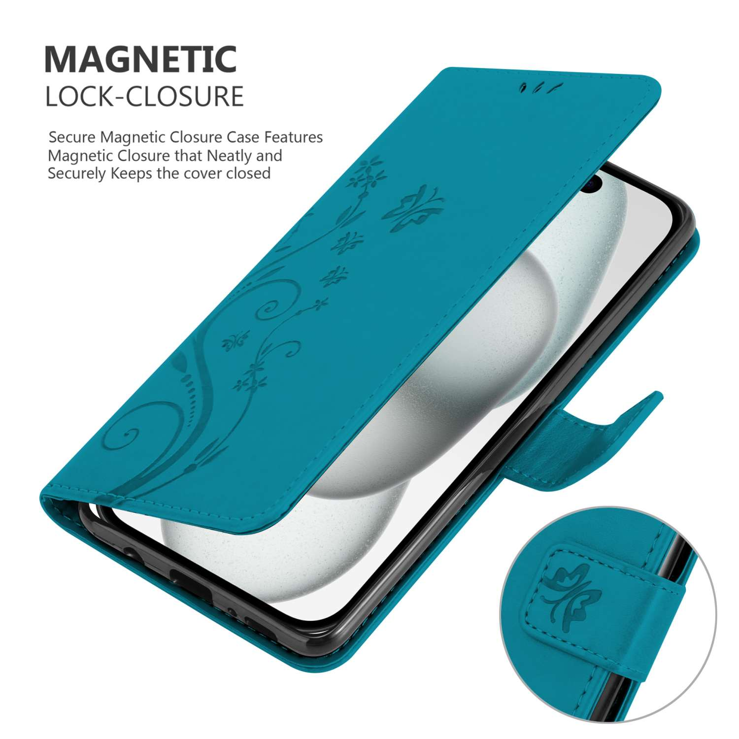Custodia per telefono verde acqua aperta, che rivela un telefono. Testo: Chiusura magnetica.