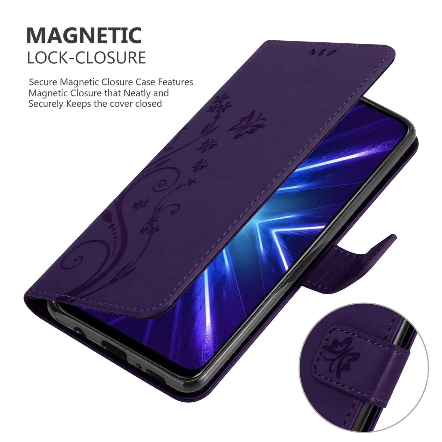 Custodia viola con telefono e design floreale. La custodia è aperta.