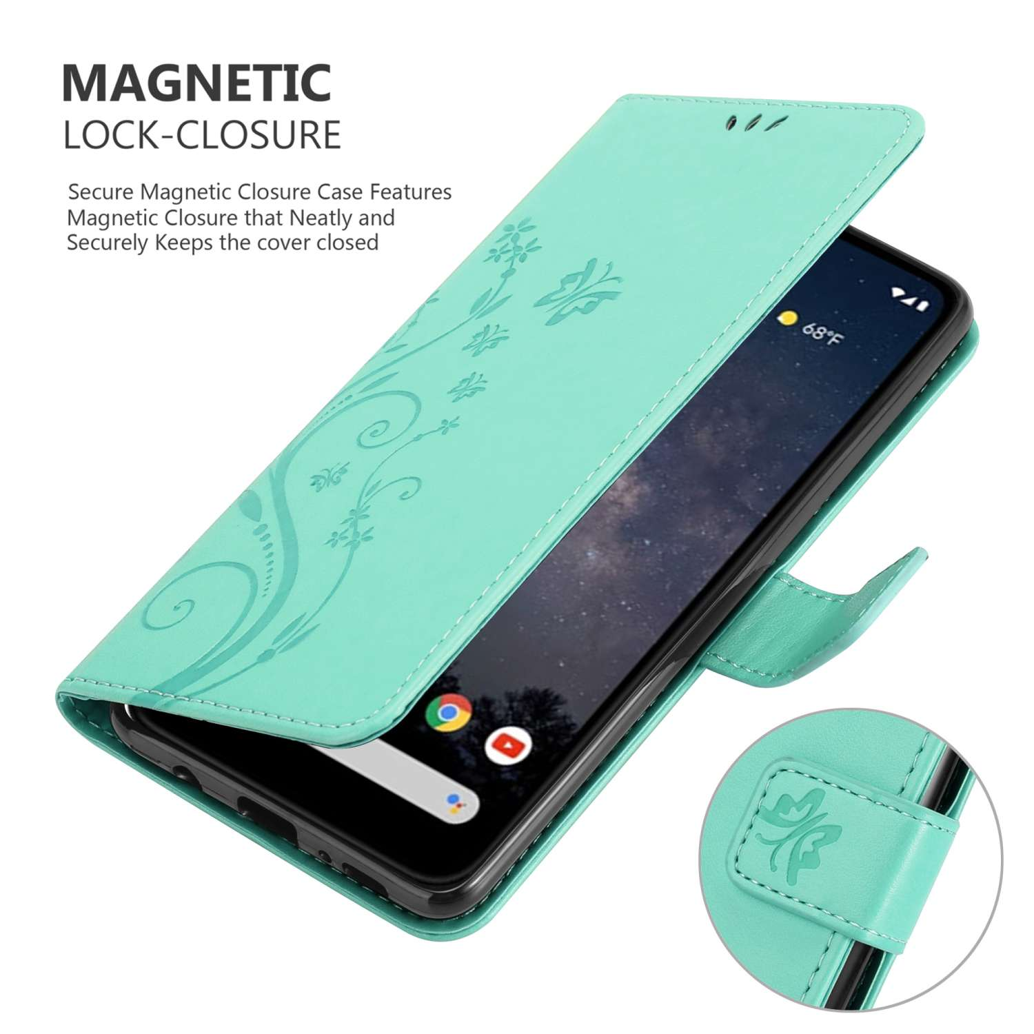 Un telefono all'interno di una custodia verde acqua. La custodia è aperta, mostrando lo schermo. Testo: Chiusura magnetica.