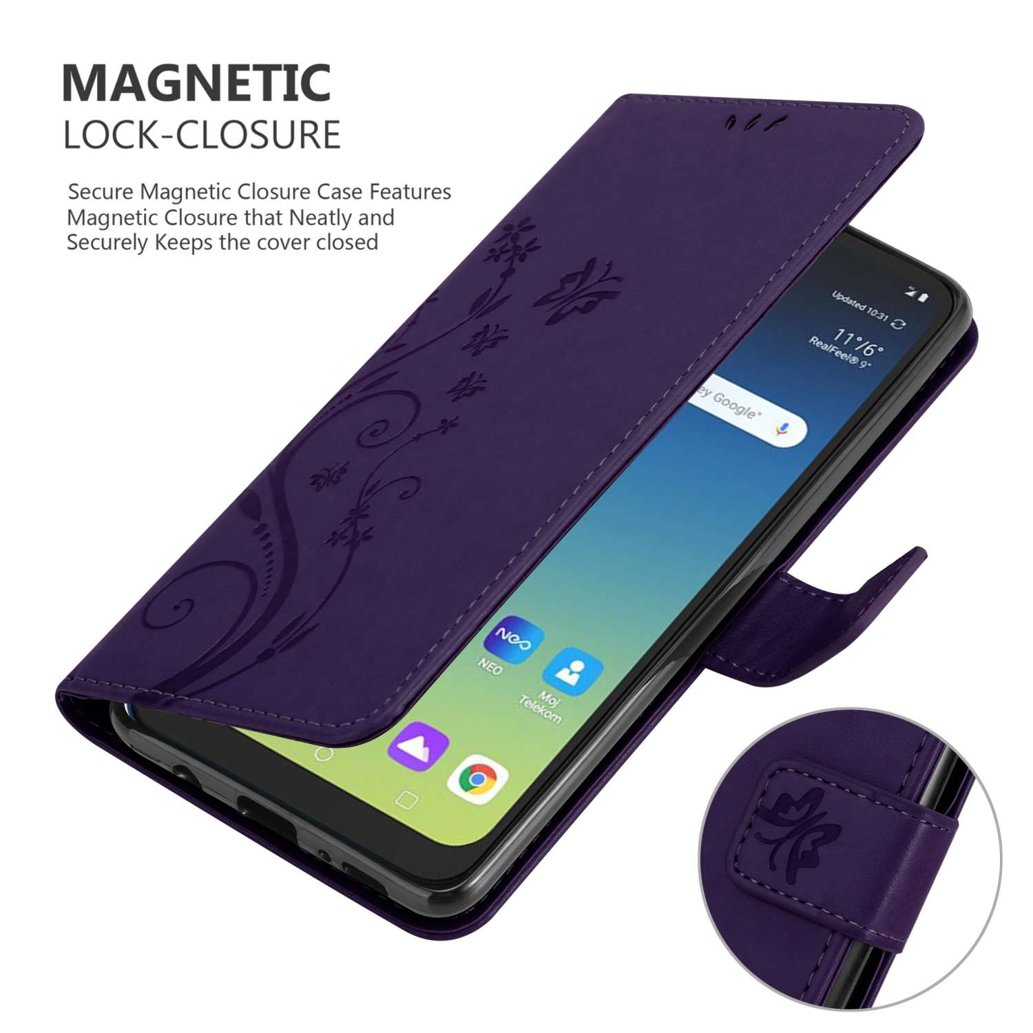 Custodia per telefono viola con design floreale. Testo: Chiusura magnetica. Telefono con schermo.