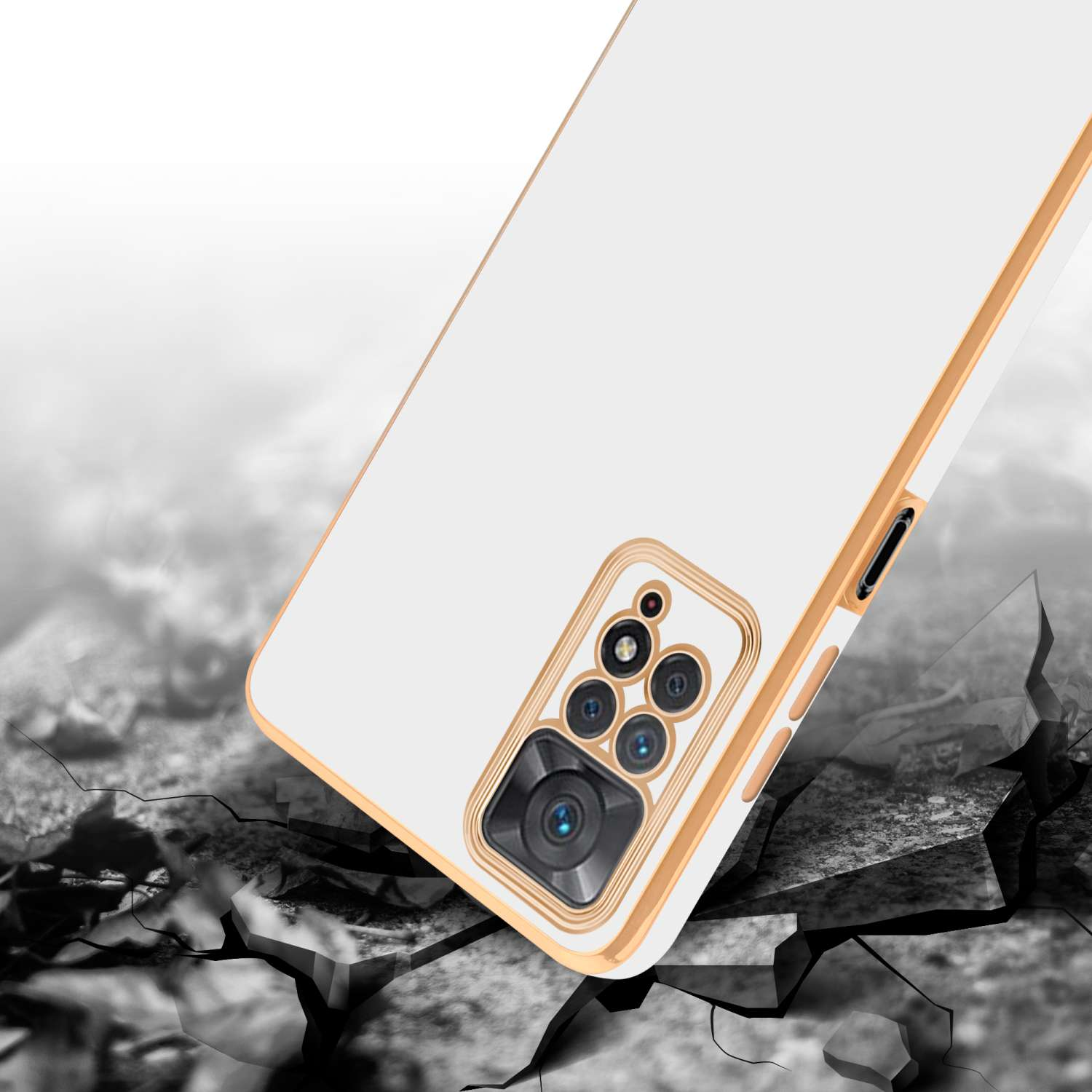 Custodia bianca per telefono con bordi dorati e sporgenza della fotocamera, con effetto suolo incrinato.