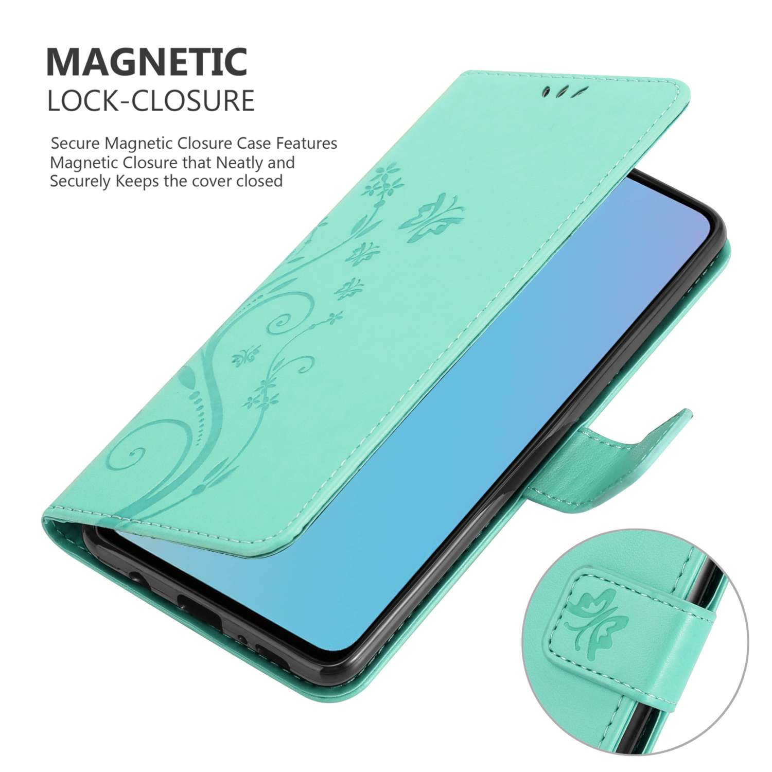 Una custodia per telefono verde menta, aperta, con design floreale e chiusura magnetica.