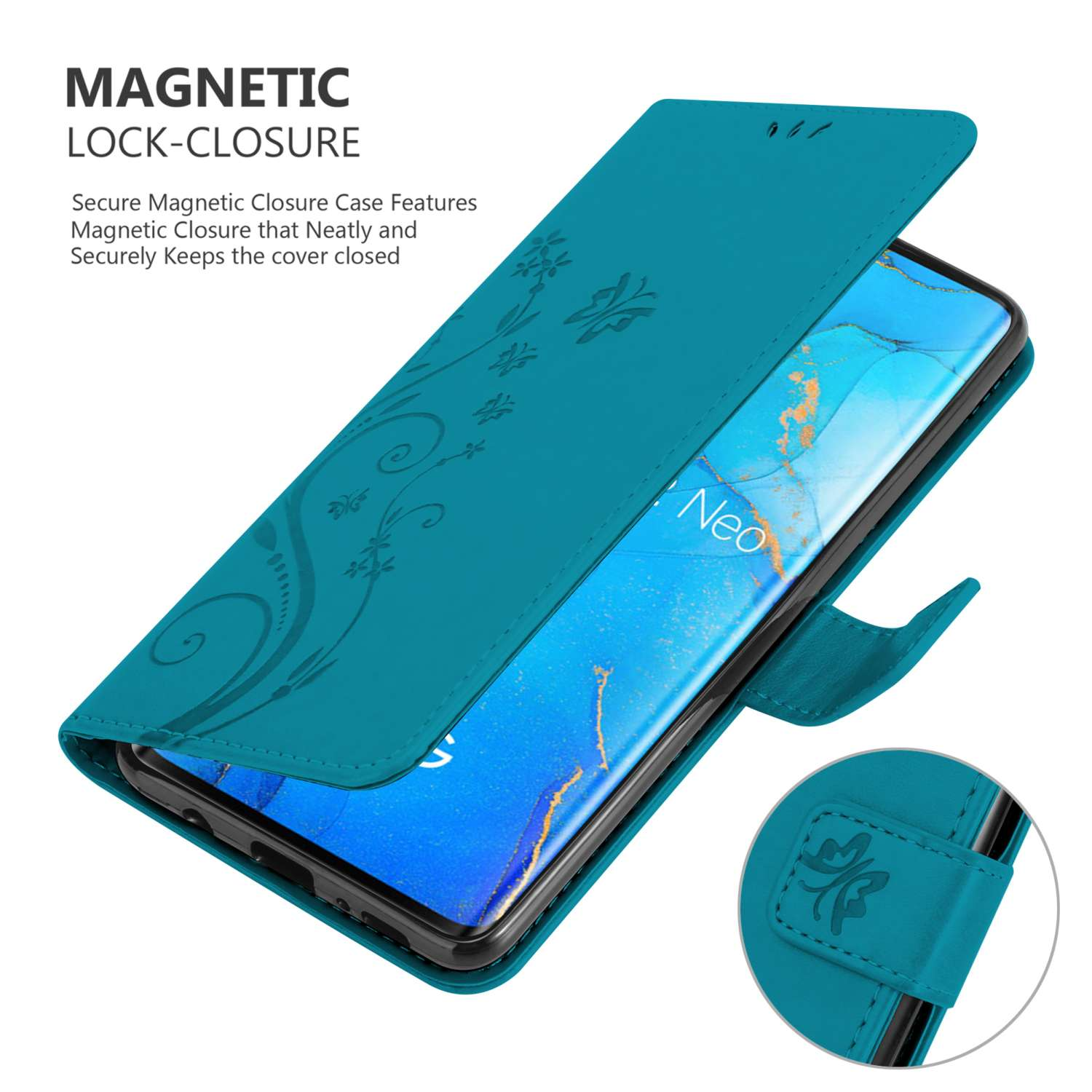 Una custodia per telefono color verde acqua con motivi floreali è aperta, mostrando lo schermo di uno smartphone. È visibile una chiusura magnetica.