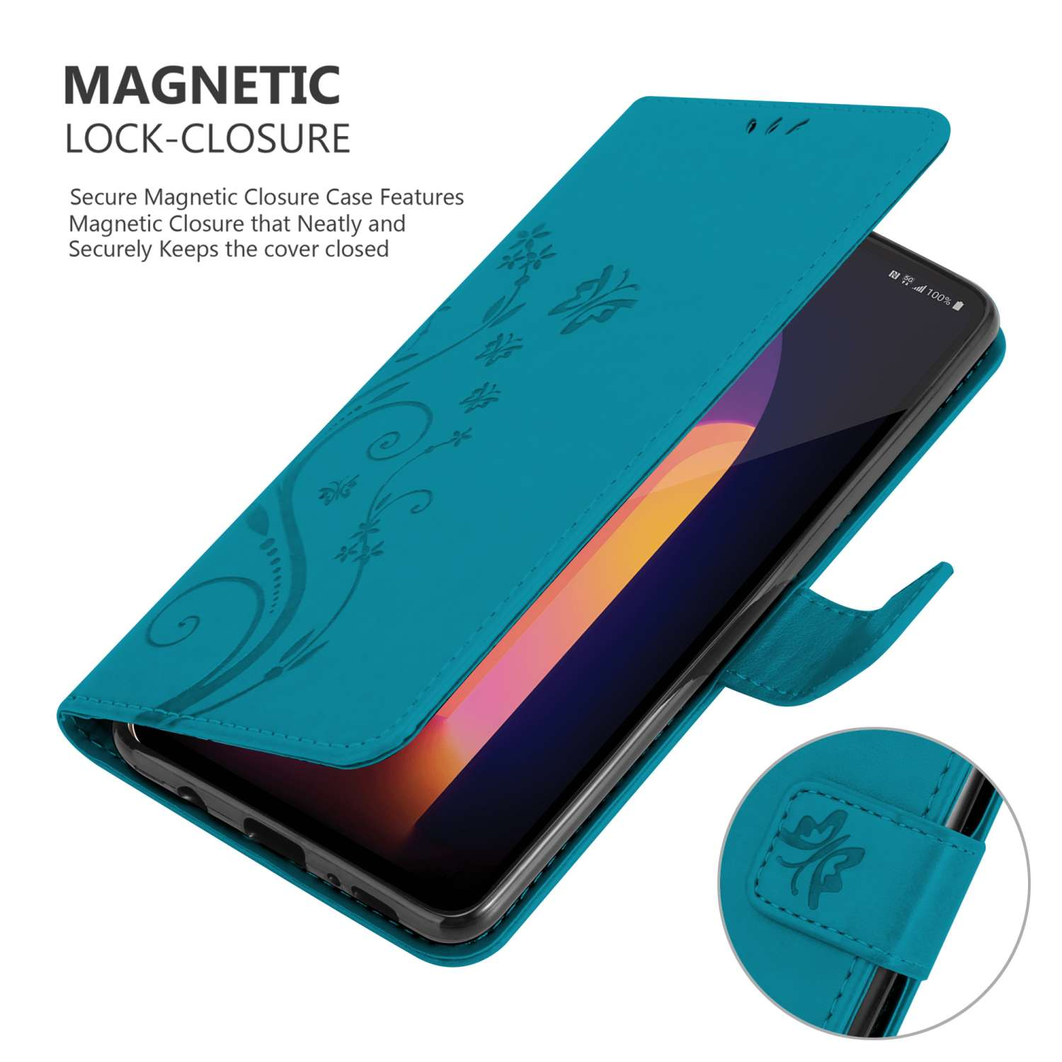 Custodia per telefono turchese con design floreale. Il telefono è nero con schermo arancione.