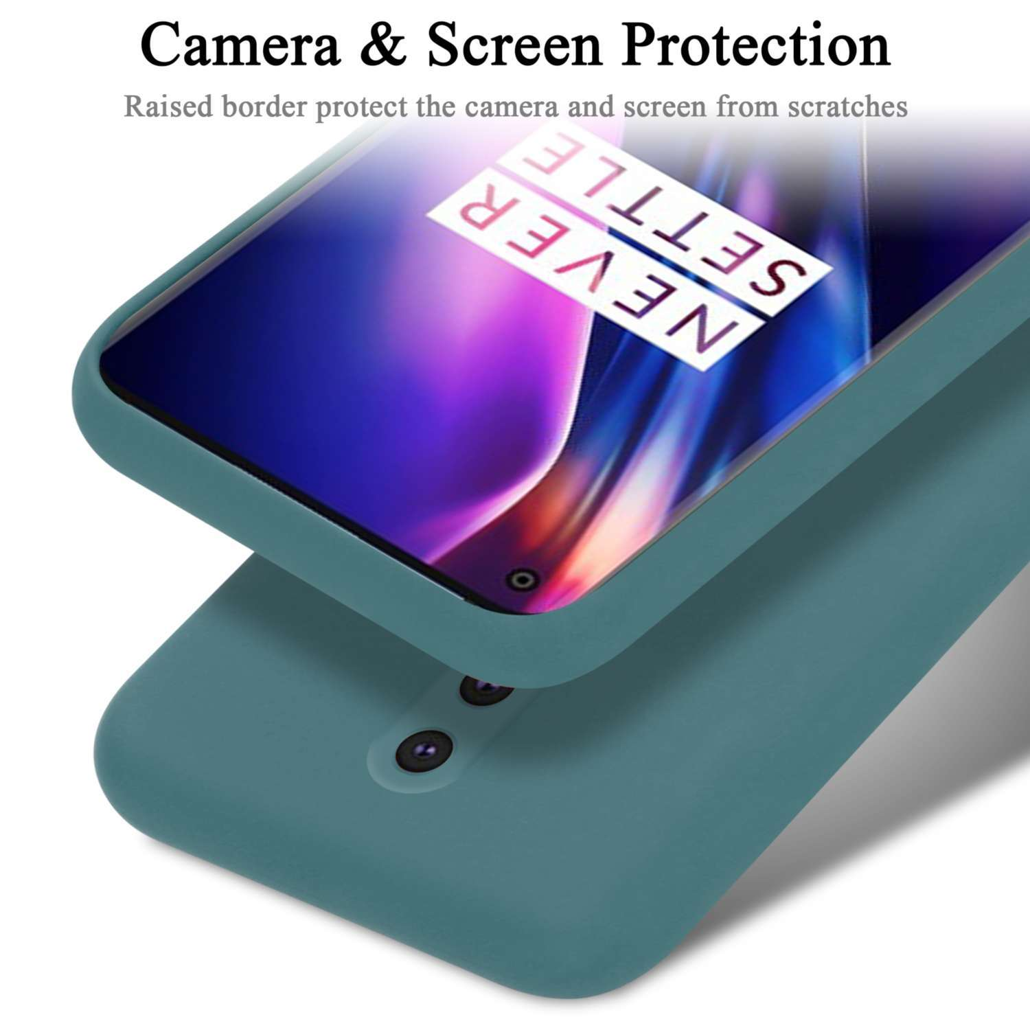 Una custodia per telefono verde acqua protegge un telefono. Il telefono mostra uno schermo con la scritta "NEVER SETTLE". Viene evidenziata la protezione della fotocamera.