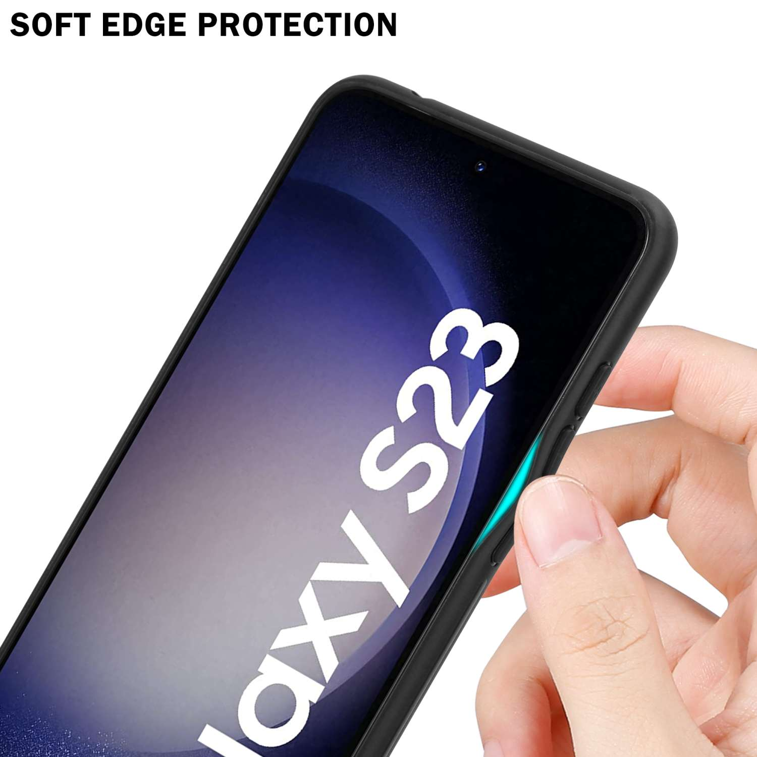 Telefono in mano, che mostra il bordo di una custodia nera. Testo bianco 'Galaxy S23'.