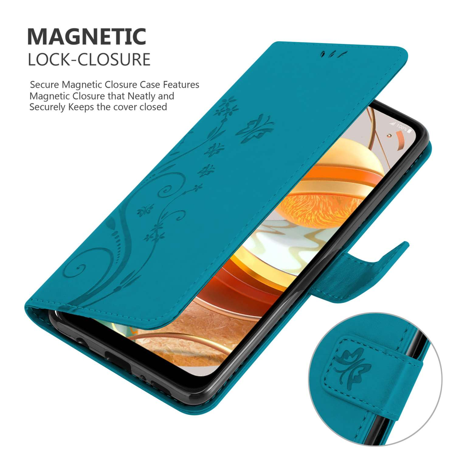 Custodia per telefono turchese aperta. Telefono inserito. Design floreale sulla cover, chiusura magnetica.