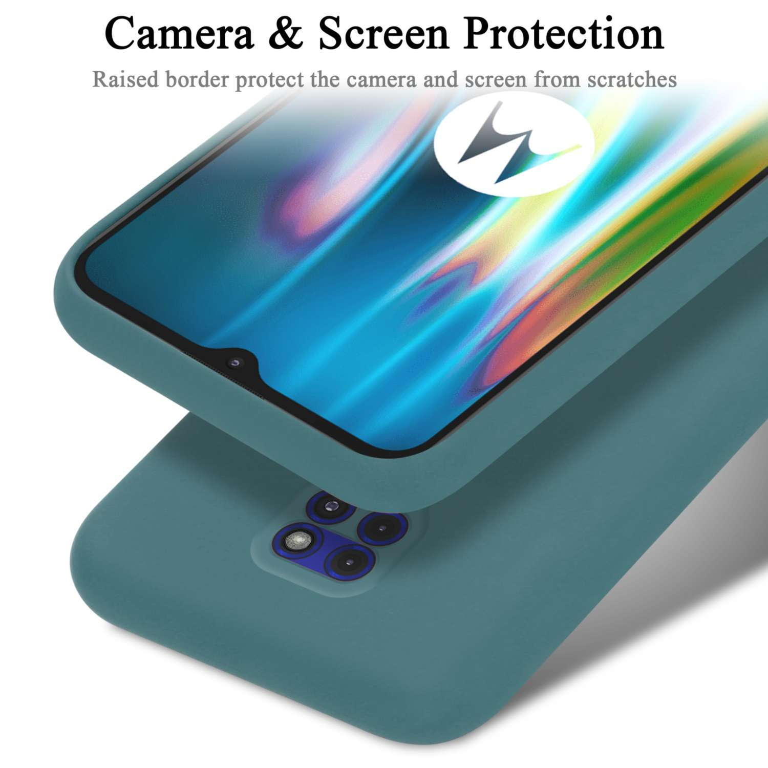 Eine tealfarbene Handyhülle mit einem Telefon, das einen Bildschirm mit bunten Elementen zeigt.