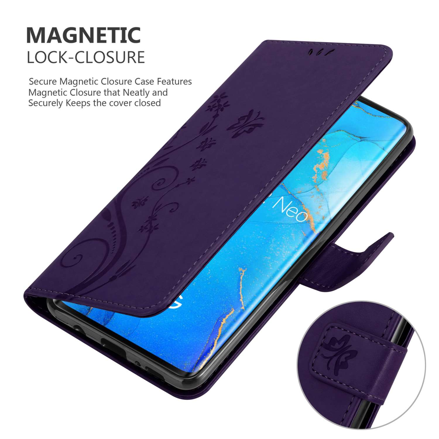 Custodia per telefono viola con design floreale, aperta per mostrare lo schermo.