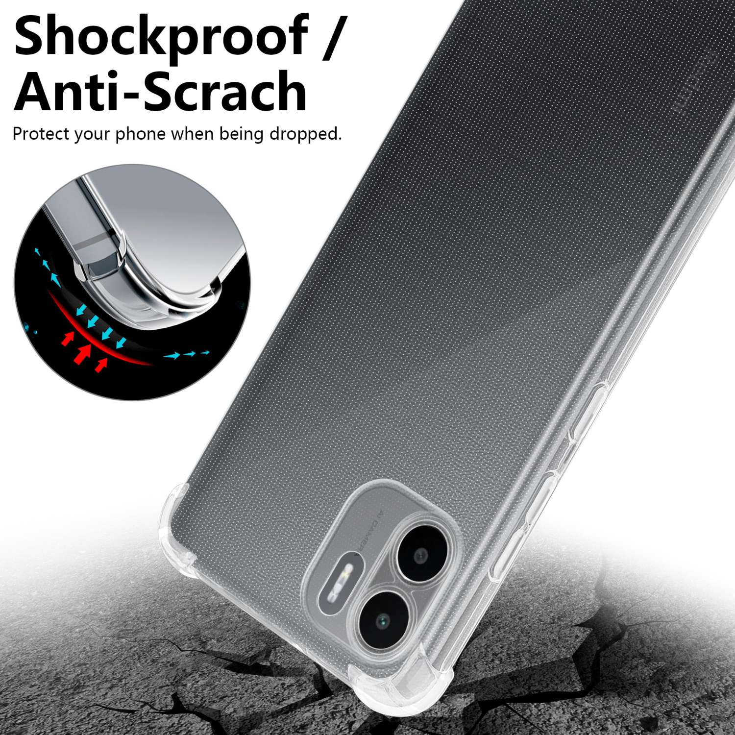 Una funda transparente protege un teléfono. Texto: 'A prueba de golpes / Antiarañazos'.