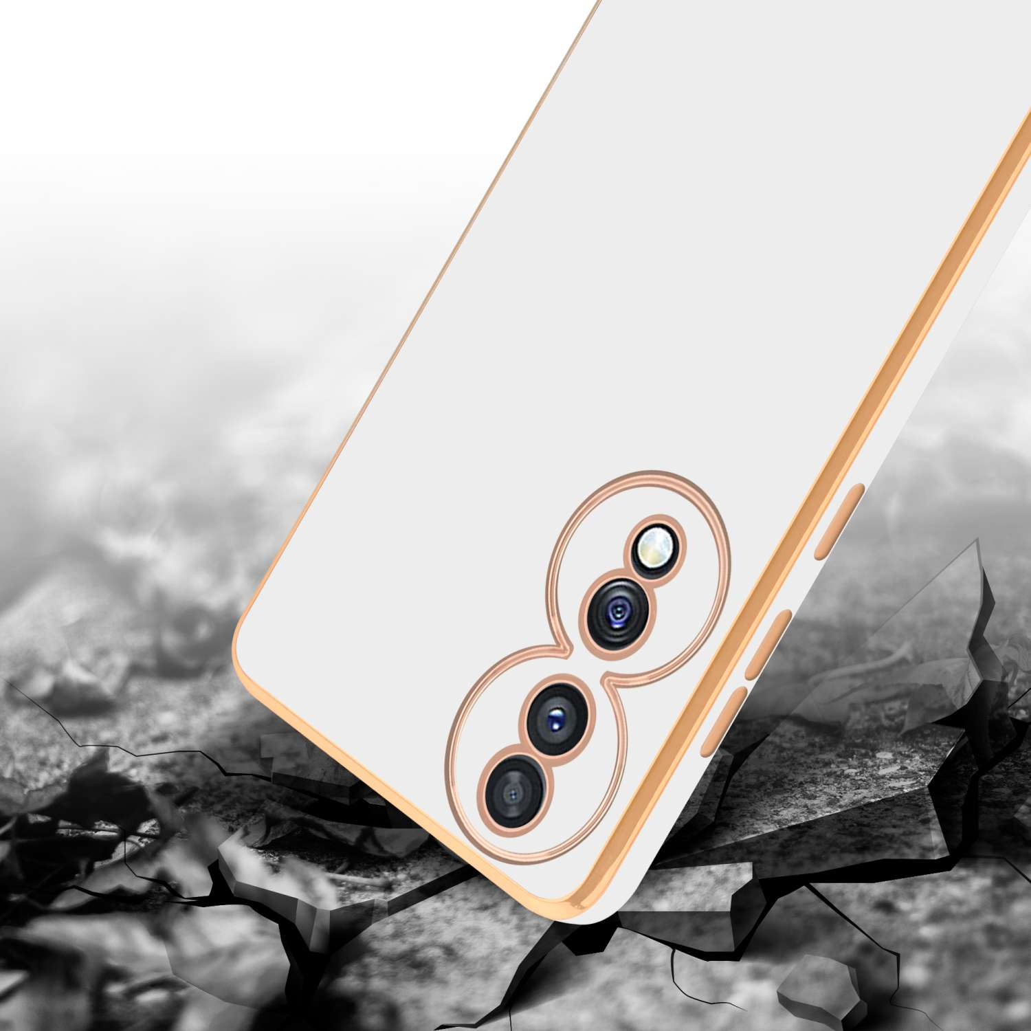 Custodia per telefono bianca con bordi dorati, angolata su terreno crepato. Fotocamera posteriore visibile.