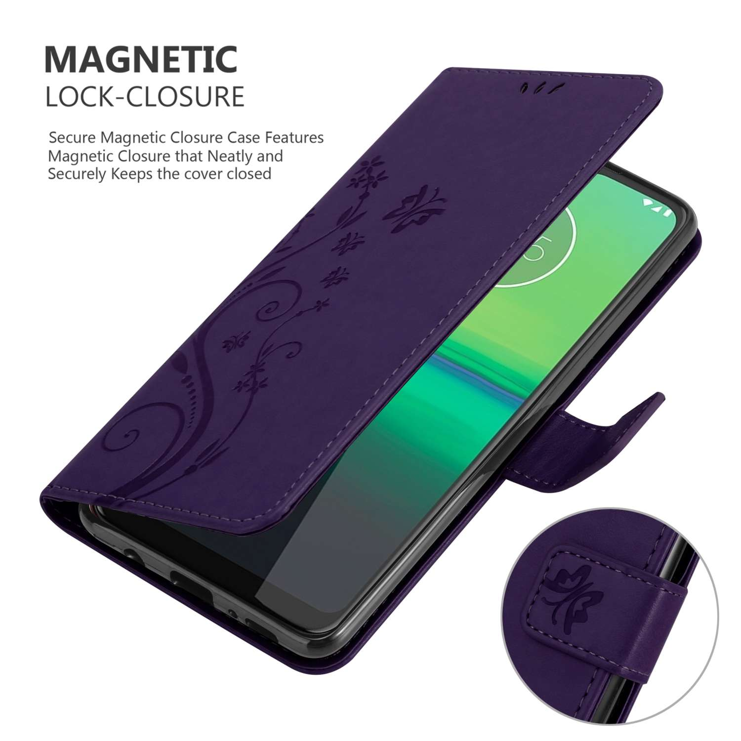Custodia per telefono viola con un design floreale. Custodia aperta con un telefono all'interno. Testo sulla chiusura magnetica.