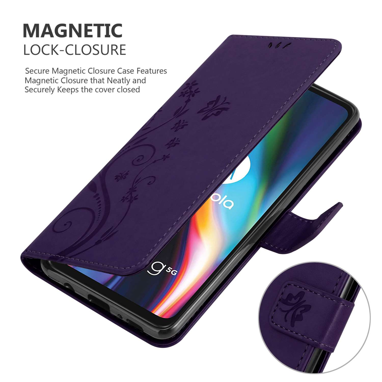 Custodia per telefono viola con design floreale, aperta che mostra il telefono con schermo. Testo: "CHIUSURA MAGNETICA".