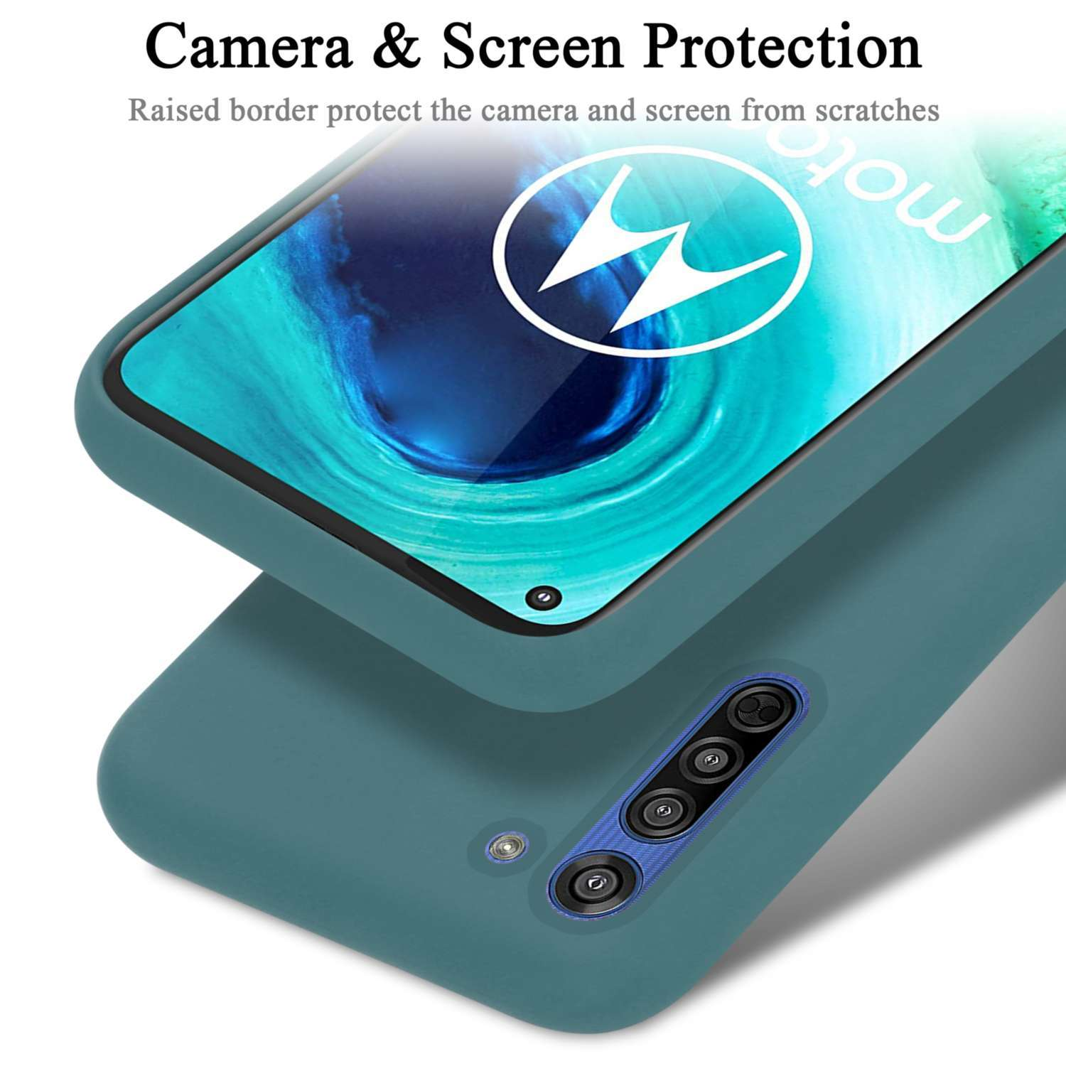 Türkis Handyhülle über einem Telefon, schützt Bildschirm und Kamera. Das Telefon ist sichtbar.