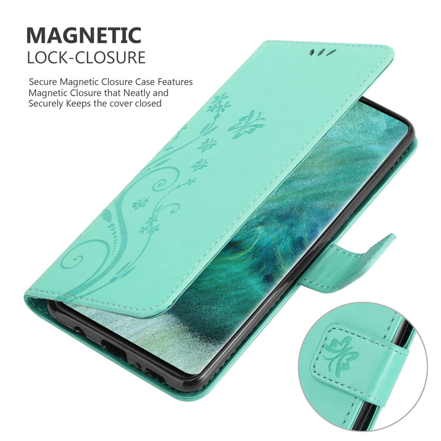 Custodia per telefono verde. La custodia è aperta, mostrando il telefono. Design floreale.