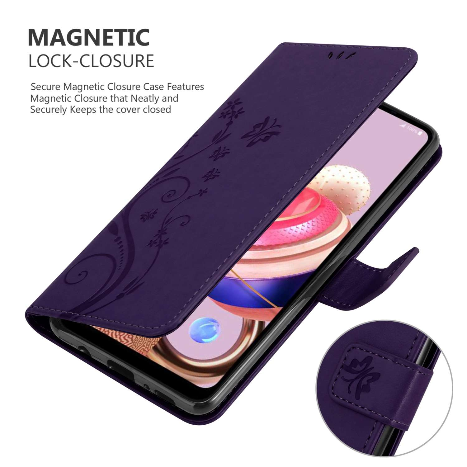 Una custodia per telefono viola scuro con motivo floreale e chiusura magnetica.