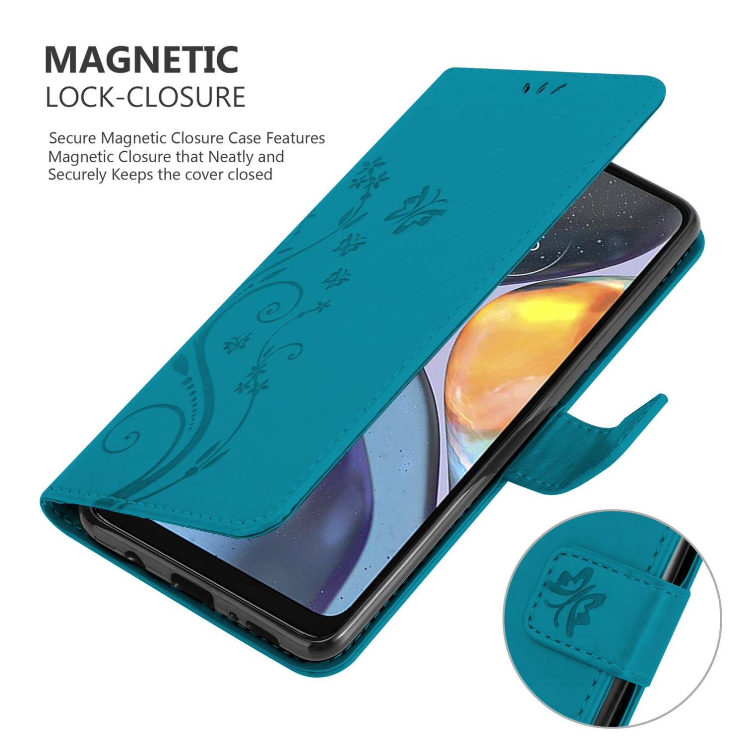 Funda de teléfono turquesa con diseño floral abierta, con un teléfono dentro.