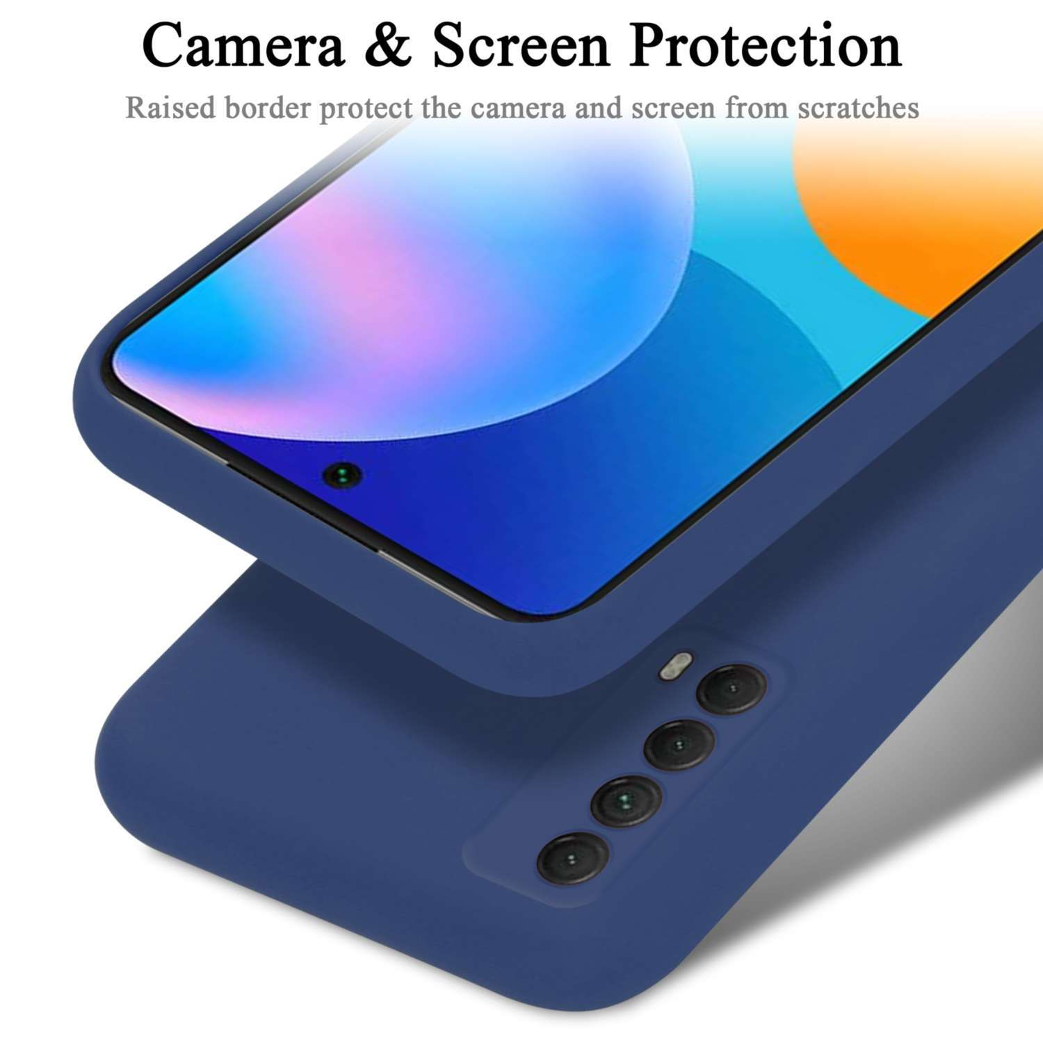 Coque de téléphone bleu marine avec téléphone noir. Texte : Protection de la caméra et de l'écran.