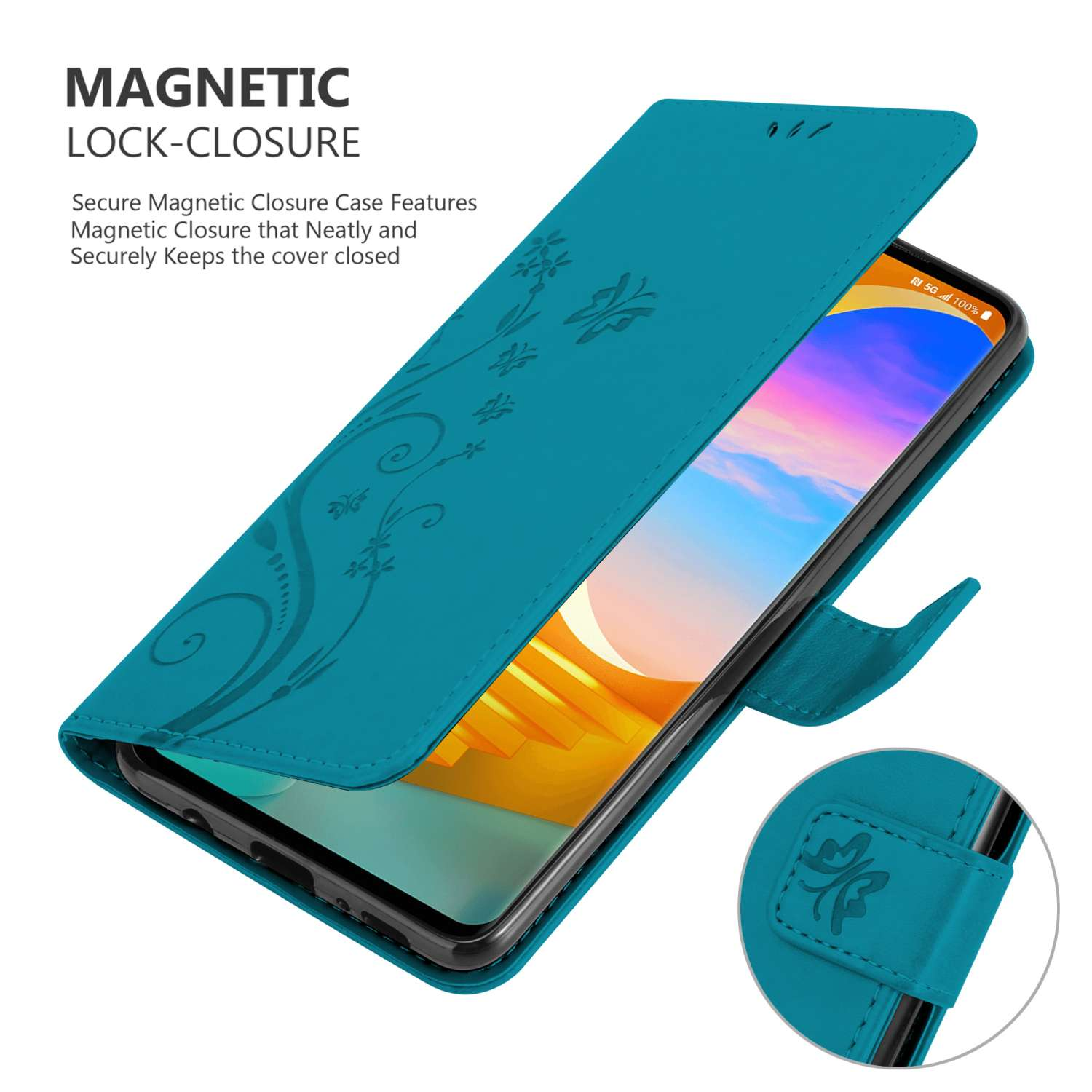 Custodia per telefono color verde acqua con design floreale e chiusura magnetica.