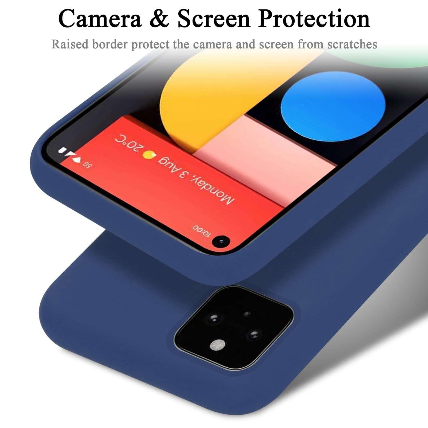 Custodia blu con telefono che mostra il display. Testo e fotocamera visibili.