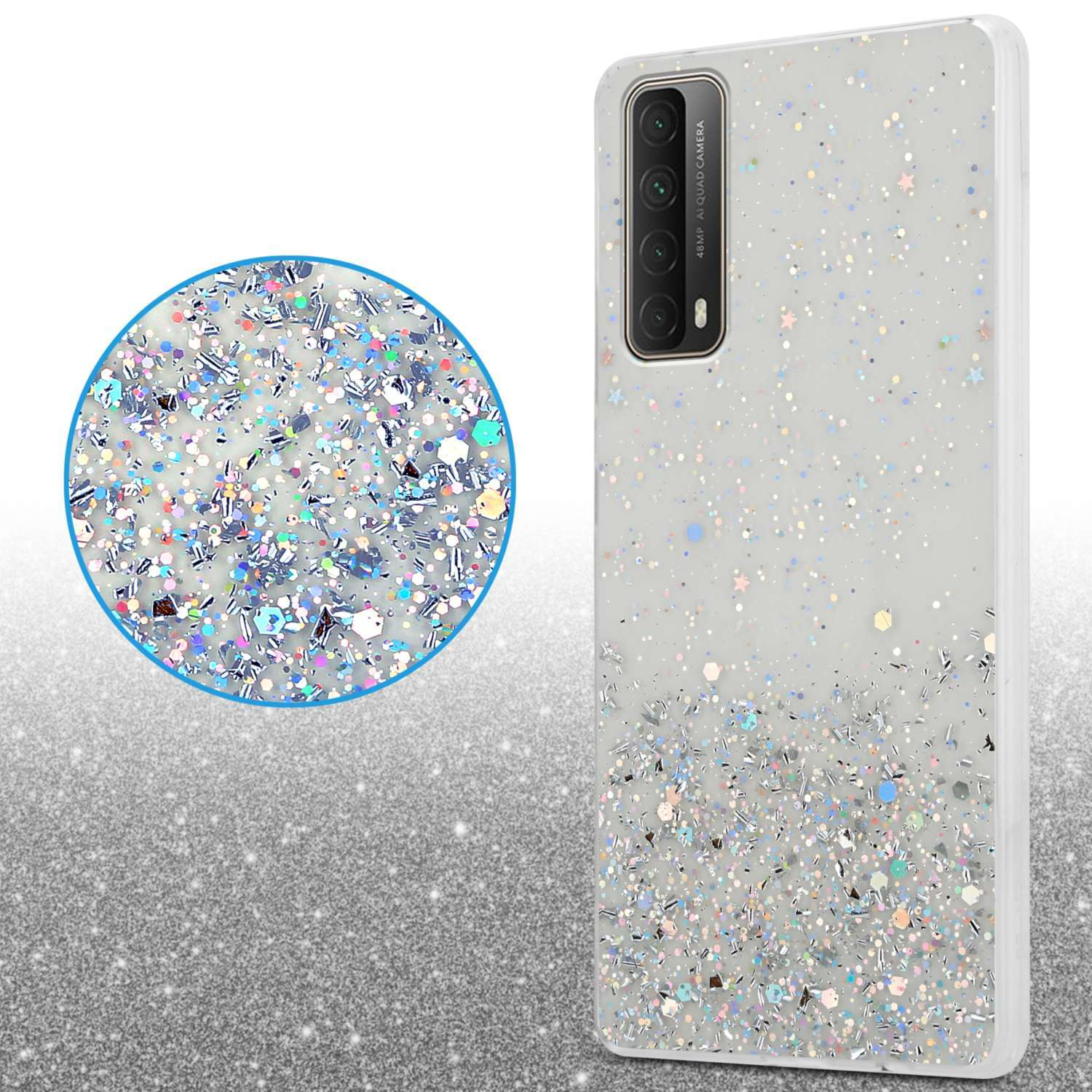 Custodia per telefono con un design glitterato. Cerchio di scintille, una custodia trasparente con glitter sul fondo.