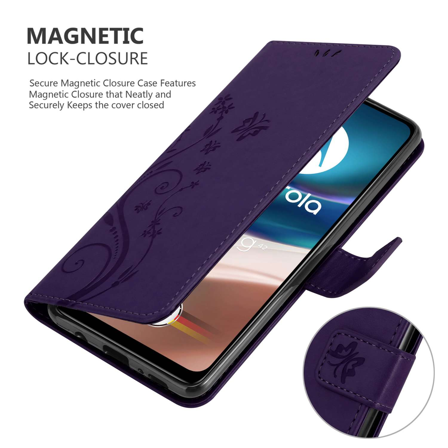 Custodia per telefono viola aperta, che mostra un telefono con un design floreale.