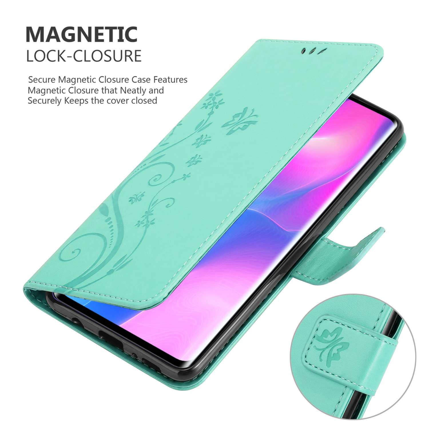 Custodia per telefono color verde acqua con un design floreale, aperta che mostra il telefono.