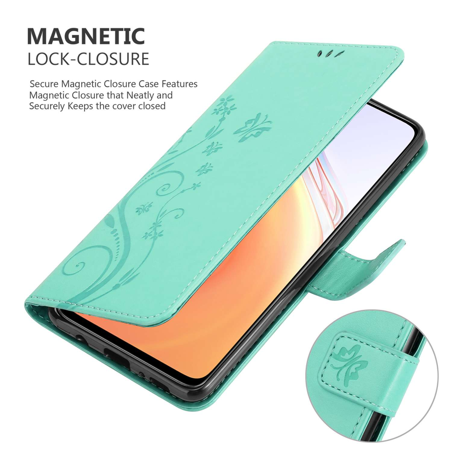 Una custodia per telefono verde acqua è aperta, mostra un telefono. Design floreale.