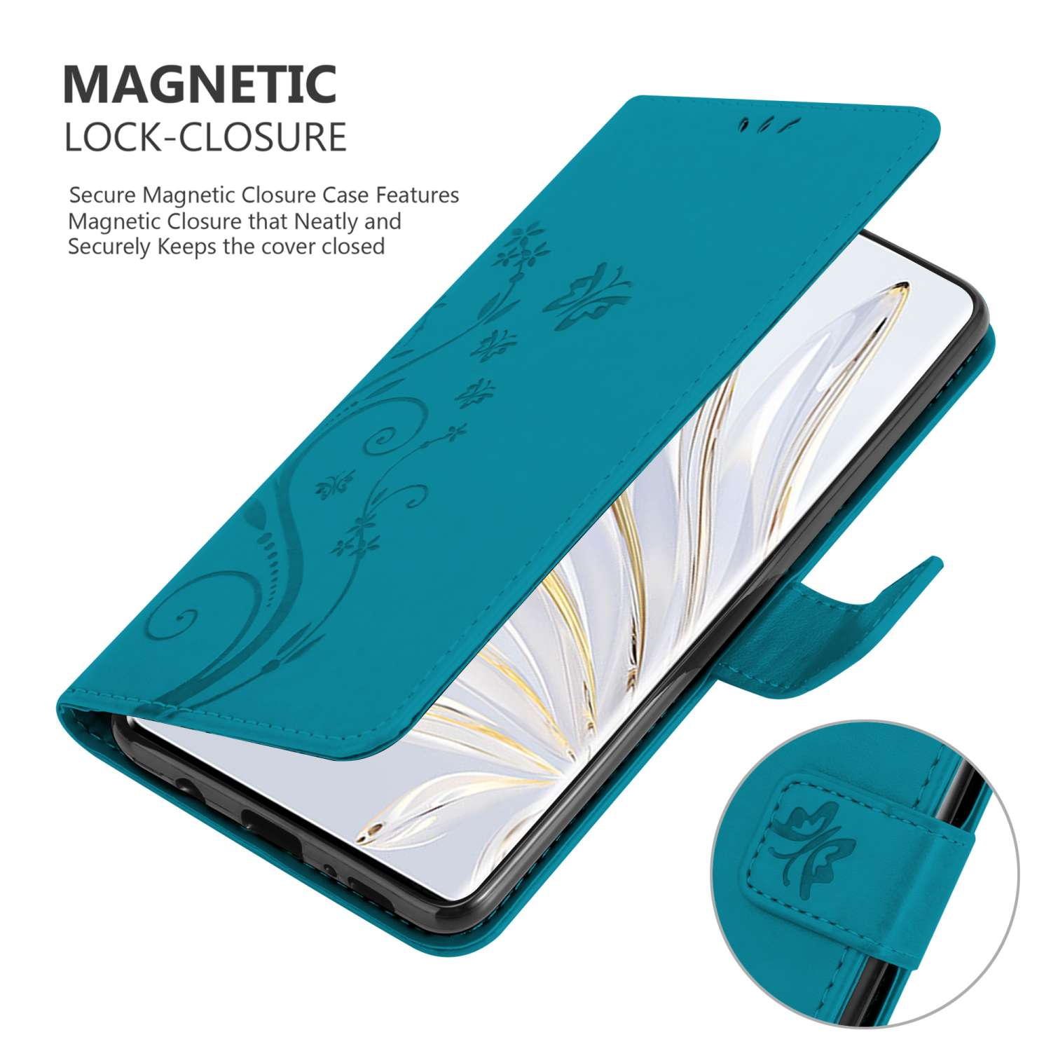 Custodia per telefono turchese con un design floreale, aperta per mostrare il telefono. Chiusura magnetica mostrata.